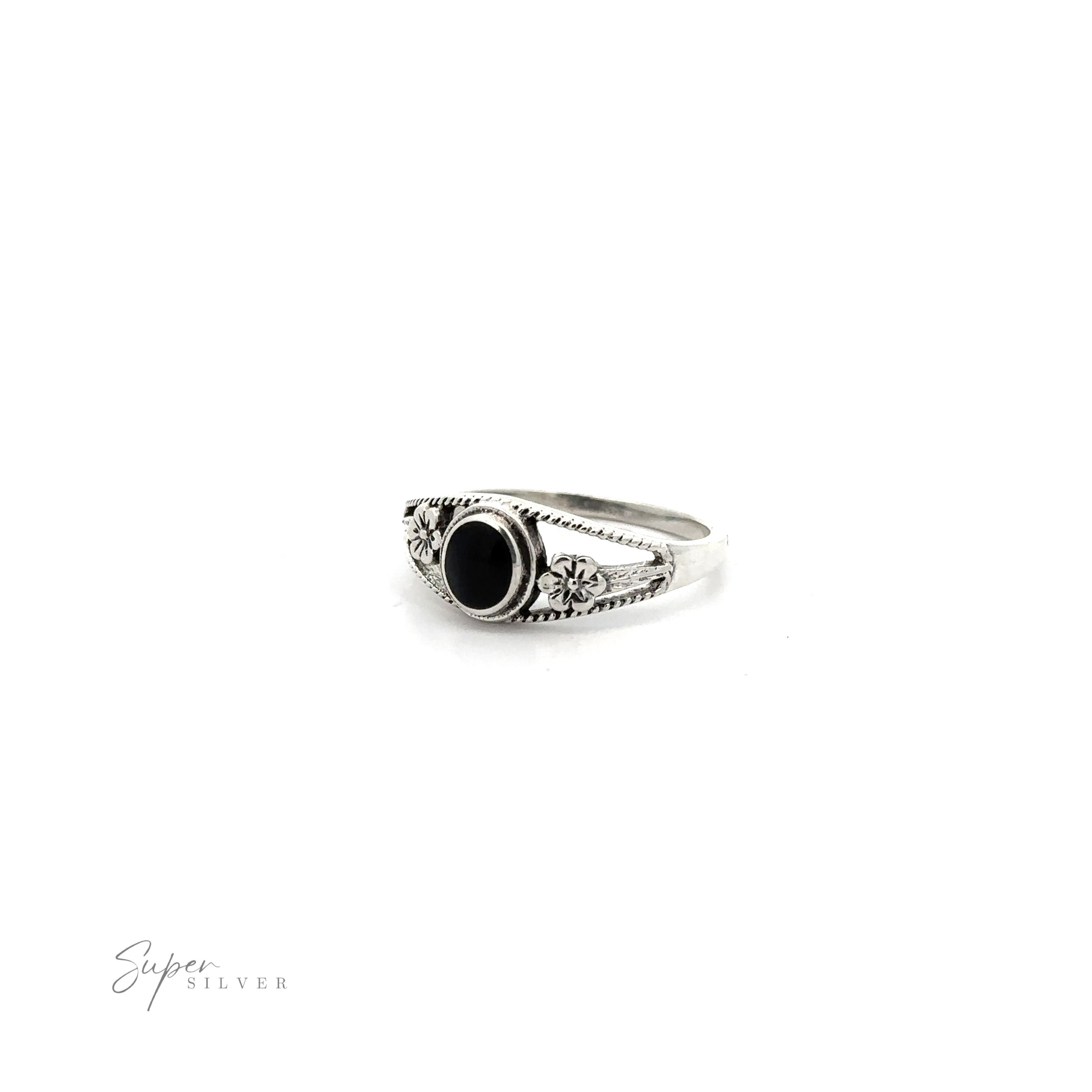 An Inlay Stone Ring with Flower and Rope Design with a center onyx stone.