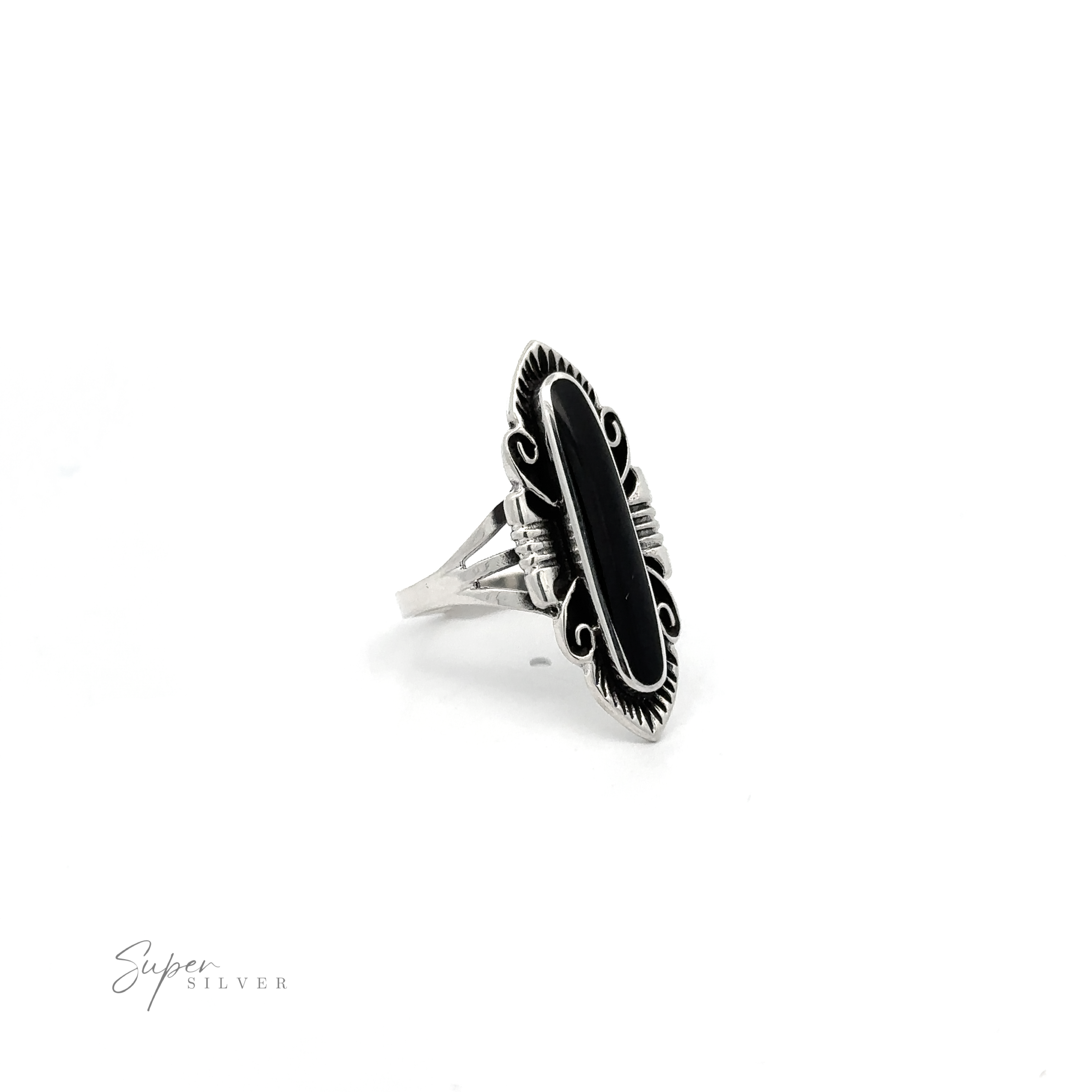 An Elegant Southwest Inspired Ring with Inlaid Stone, showcased against a pristine white background.