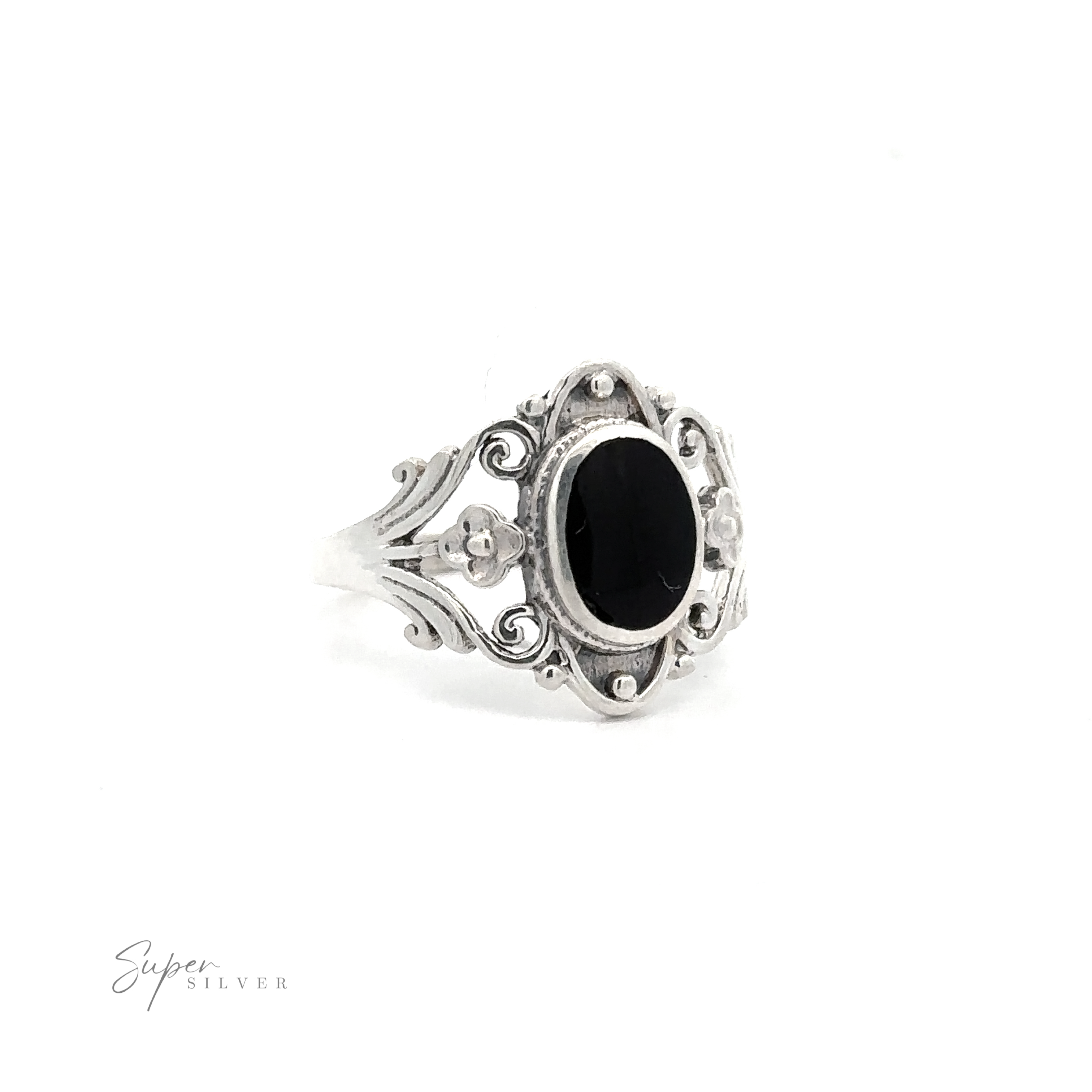 Floral Filigree Inlay Stone Ring in sterling silver.