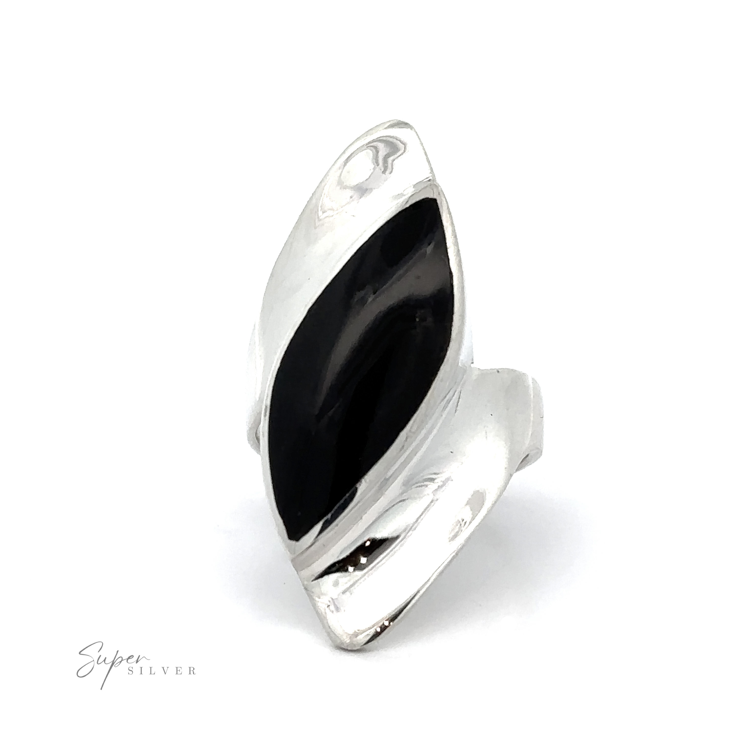 A Modern Marquise Shaped Inlaid Stone Ring with inlaid black onyx, set against a white background.