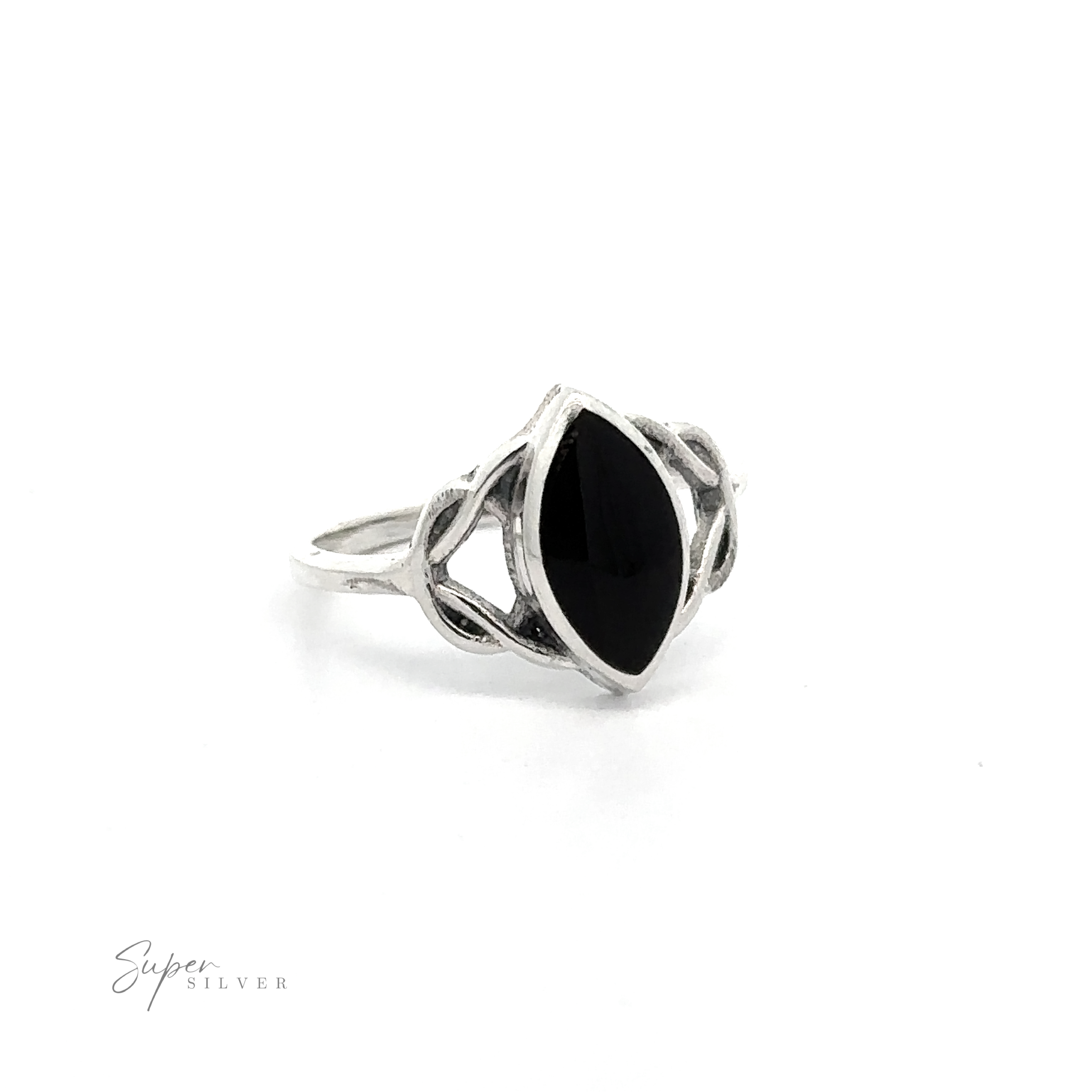A Celtic Knot Marquise Inlaid Stone Ring with inlaid black stone.