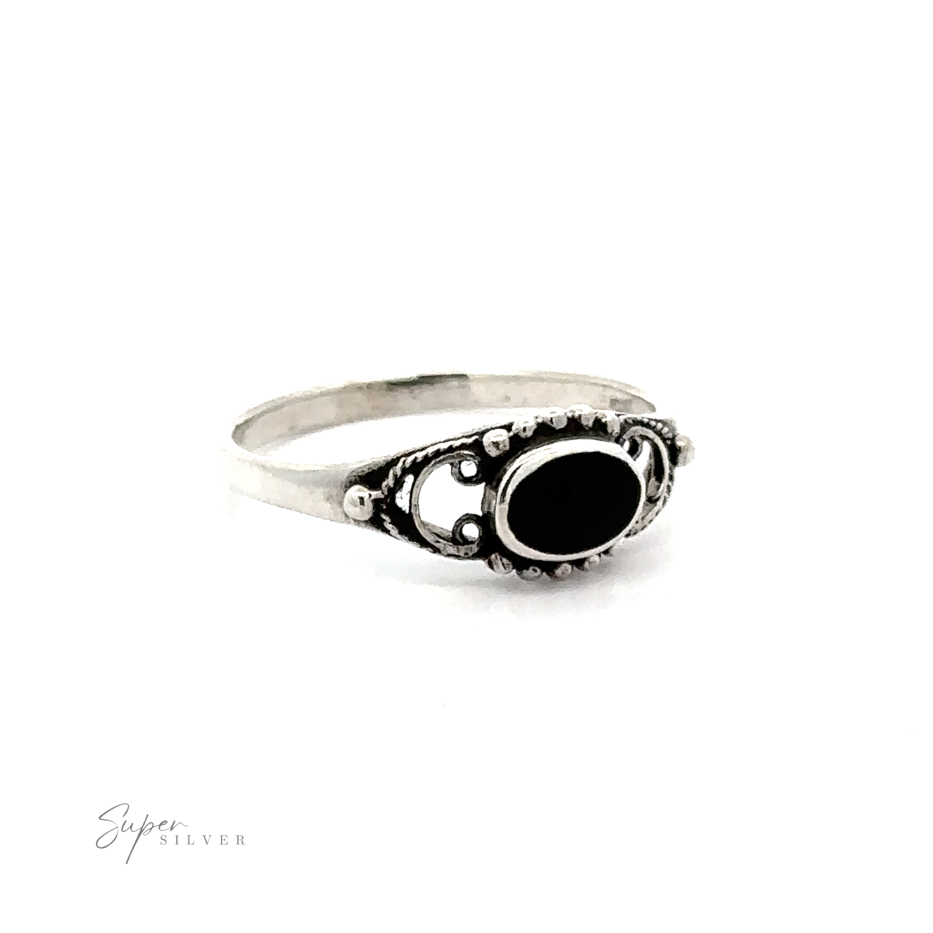 A sterling silver Oval Stone Ring With Delicate Border.