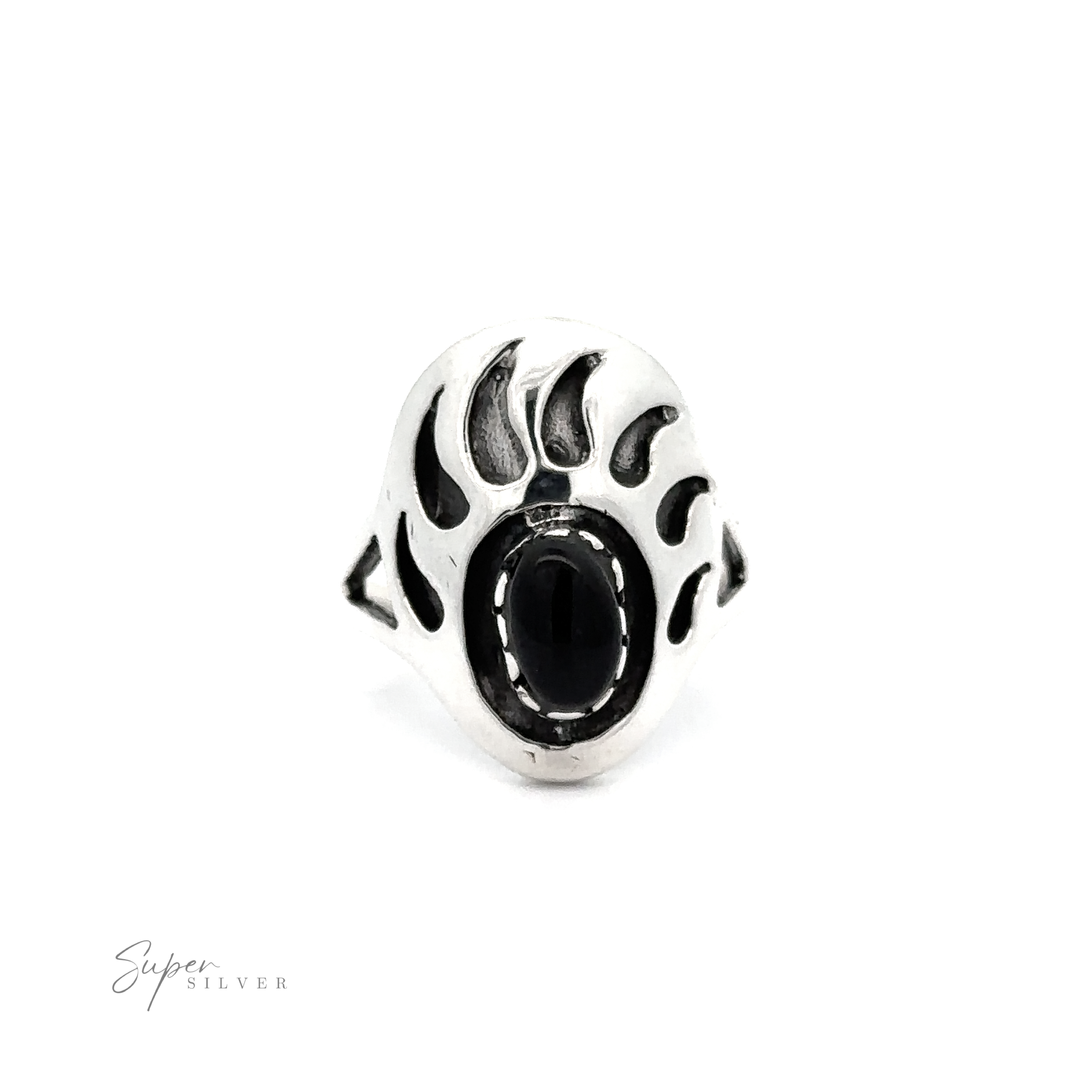 A sleek silver Stone Bear Paw Ring with a black and white design, inspired by the wild.