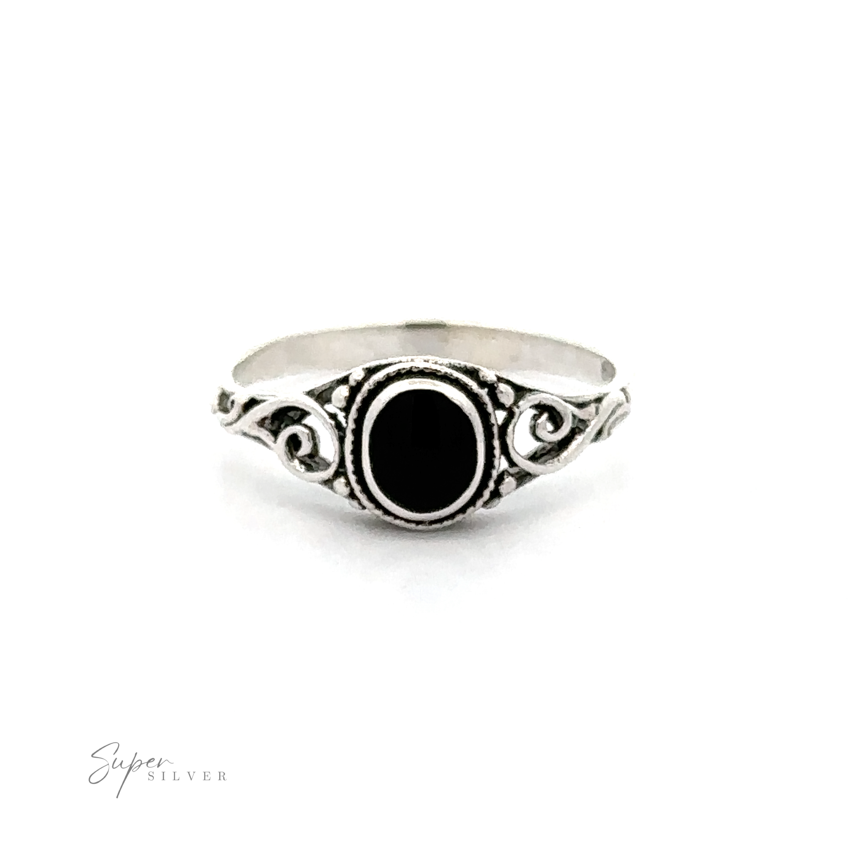 A sterling silver ring with a Oval Inlay Stone Ring with Swirls.
