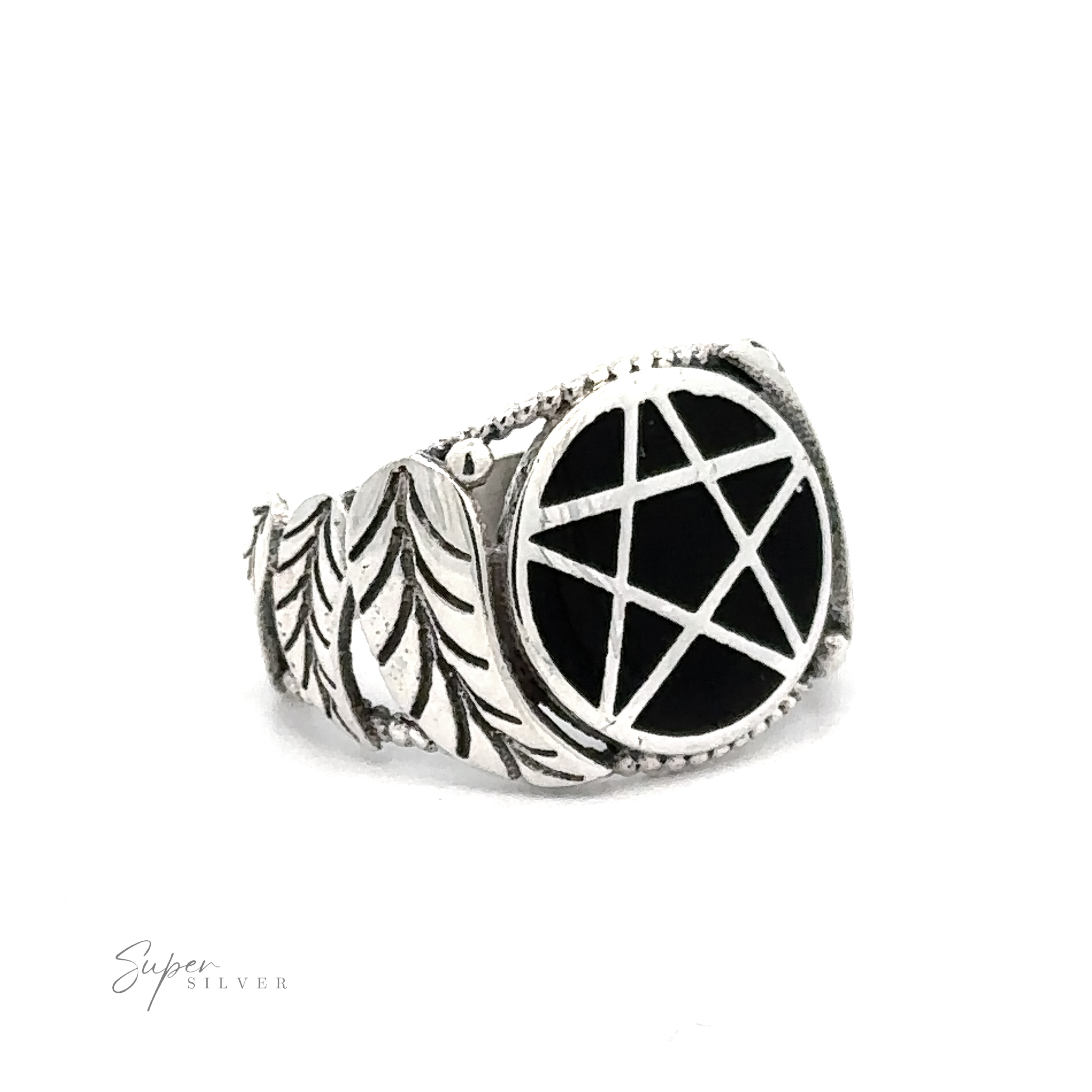 Pentagram ring with inlaid stones featuring a geometric pattern, flanked by leaf detailing on the band.