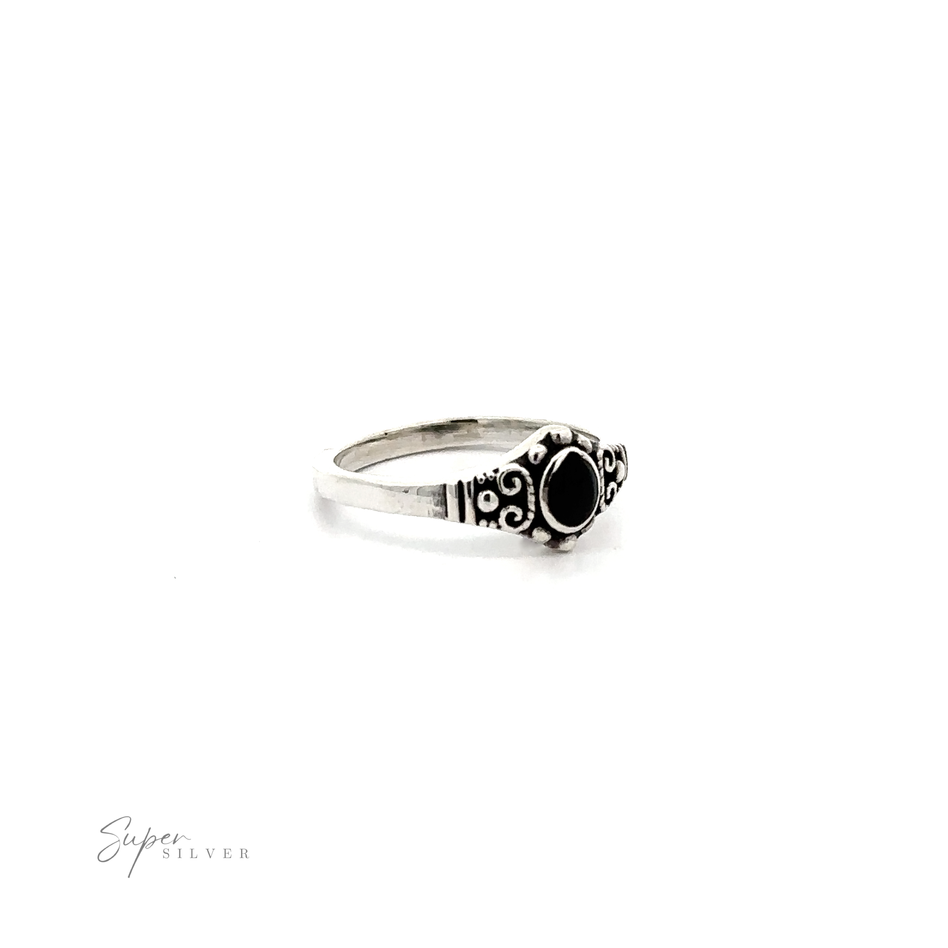 A vintage Dainty Inlaid Stone Ring With Silver Beads and Swirls, exuding bohemian charm.