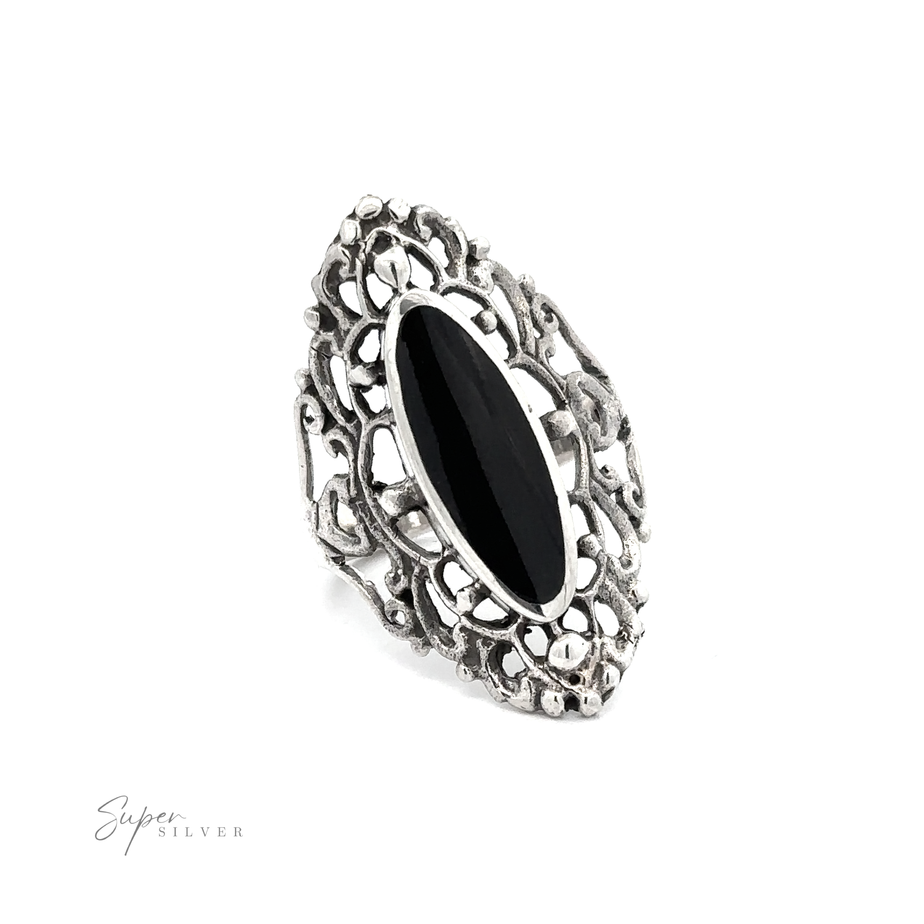 An ornate Filigree Shield Ring with Inlaid Stones and inlaid black onyx stone.
