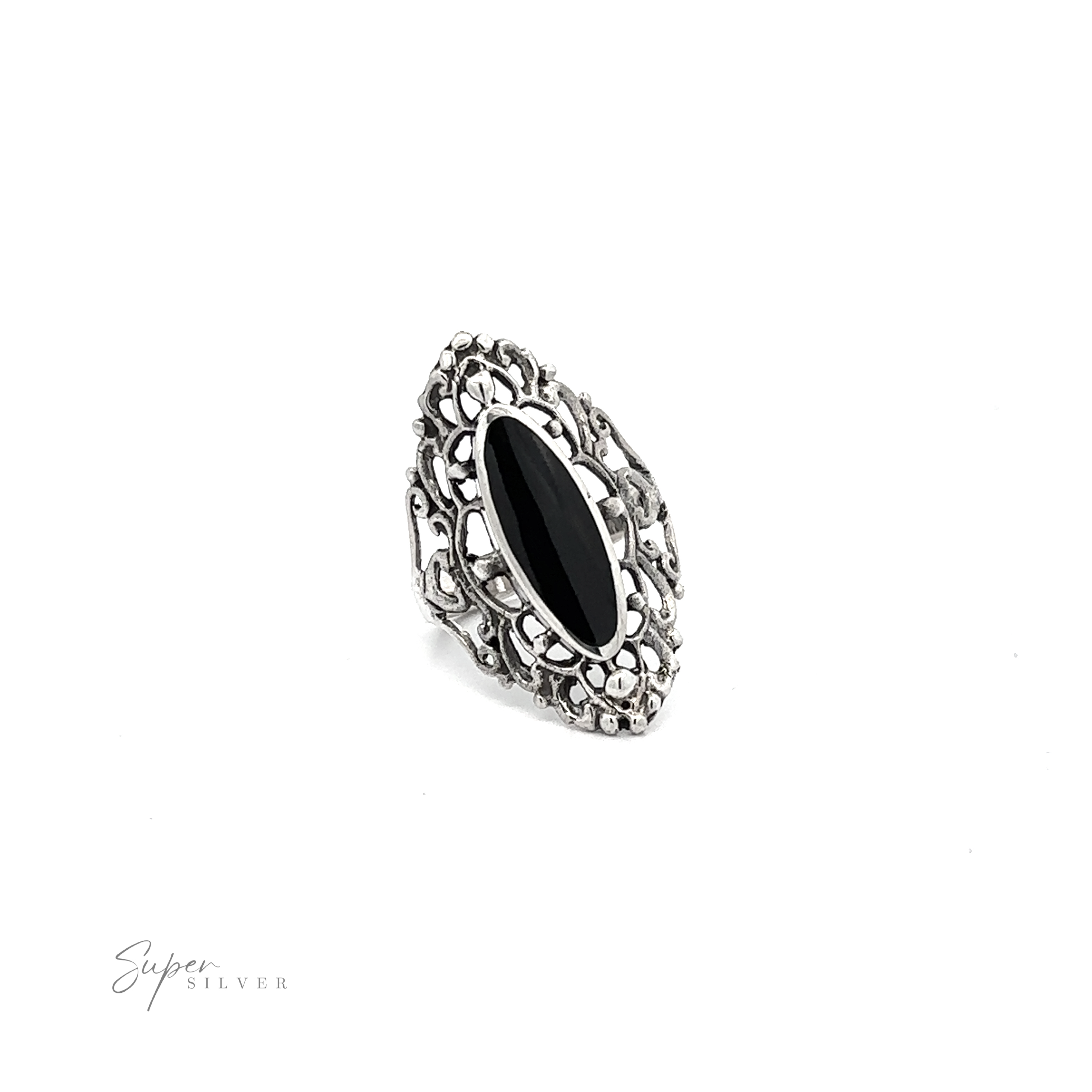 A Filigree Shield Ring with Inlaid Stones, adorned with a delicate filigree pattern.