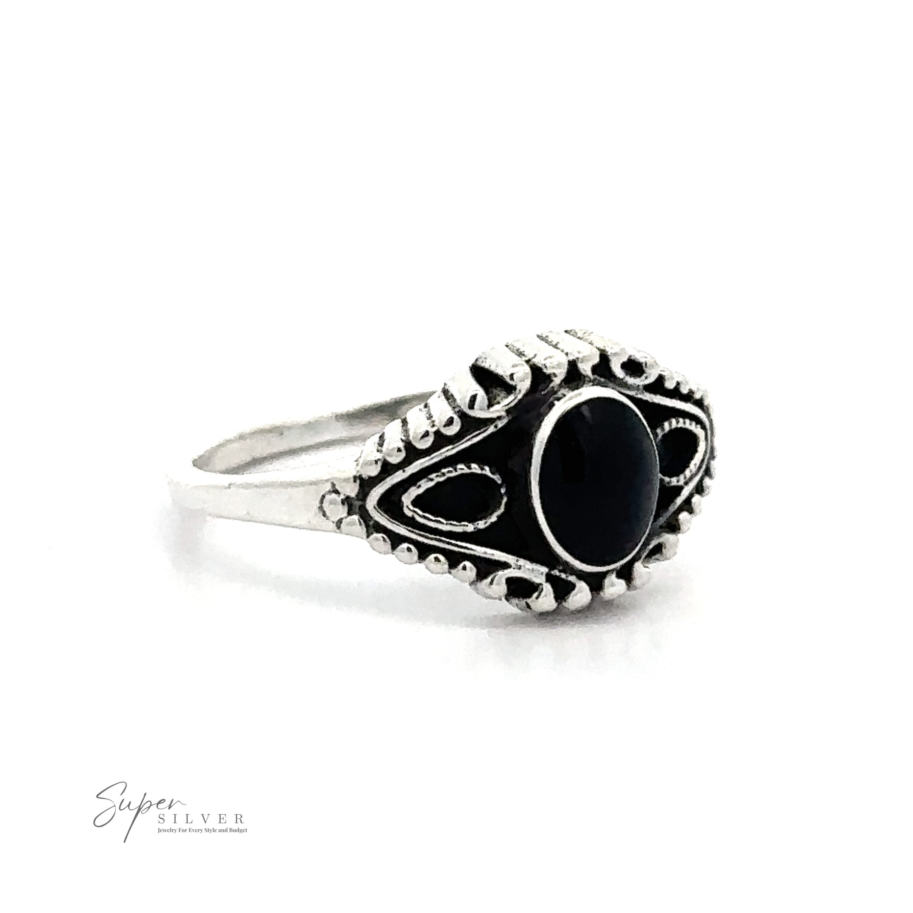Vintage Style Ring With Inlaid Oval Stone with an ornate band and a central black gemstone, crafted in .925 Sterling Silver, displayed against a plain white background. "Super Silver" logo is visible in the lower left corner.