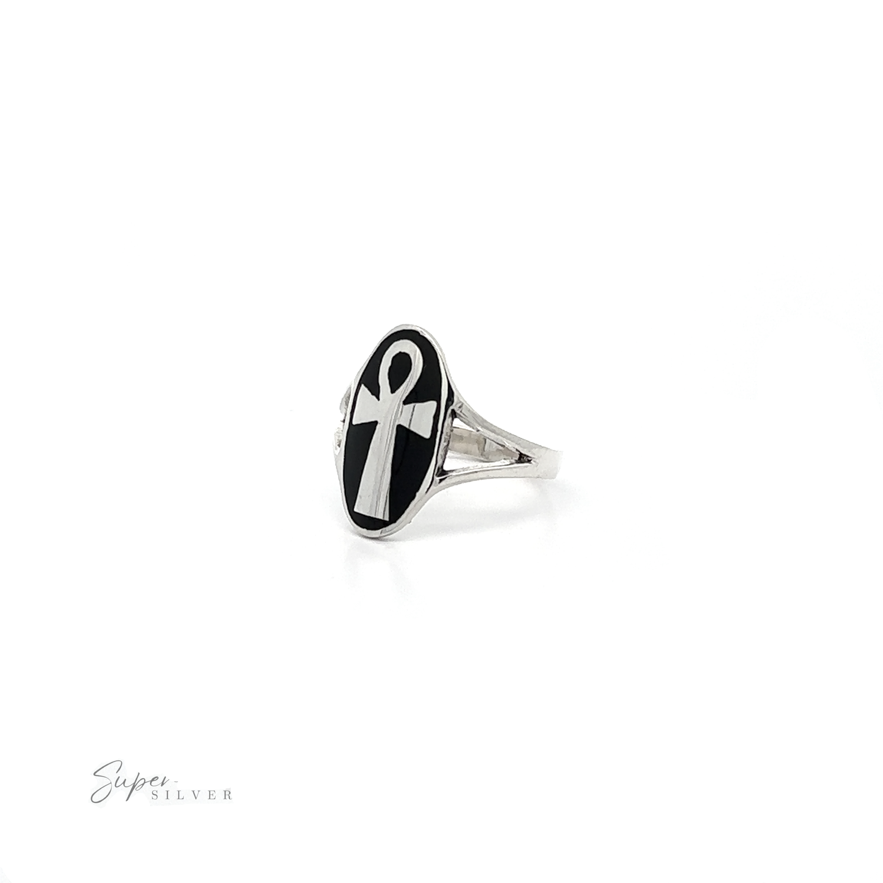 A Sterling Silver Ankh Ring With Stone on a white background.