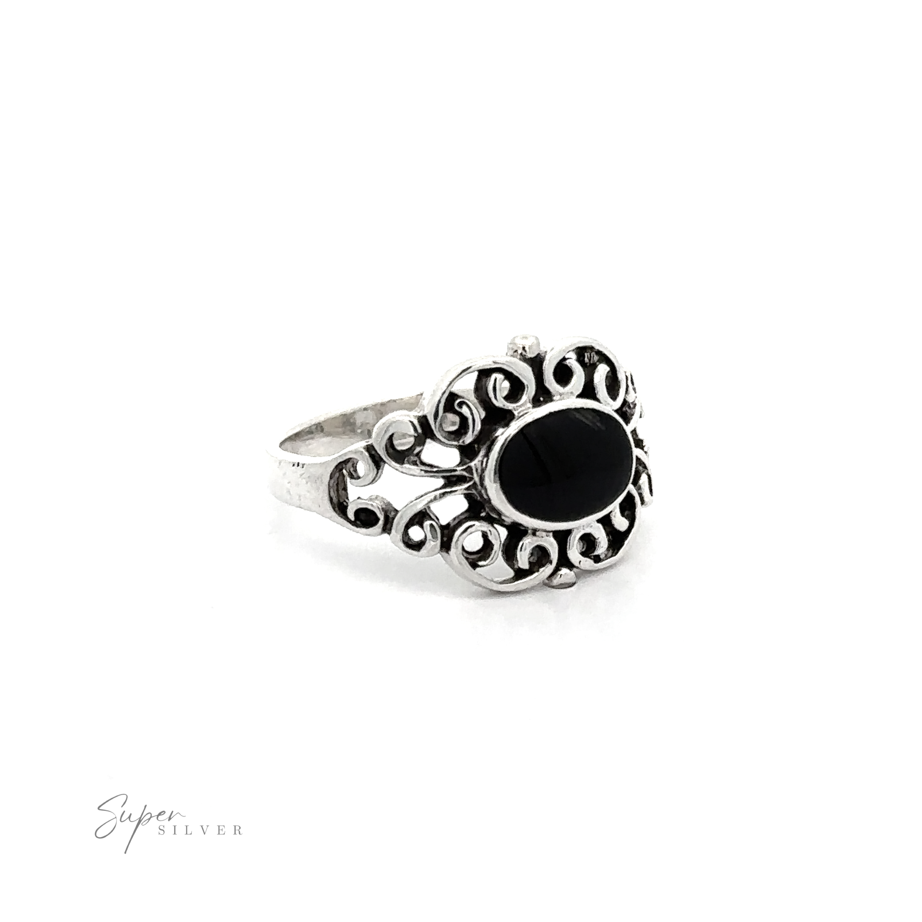 A Victorian Filigree Inlay Stone Ring with a black stone.