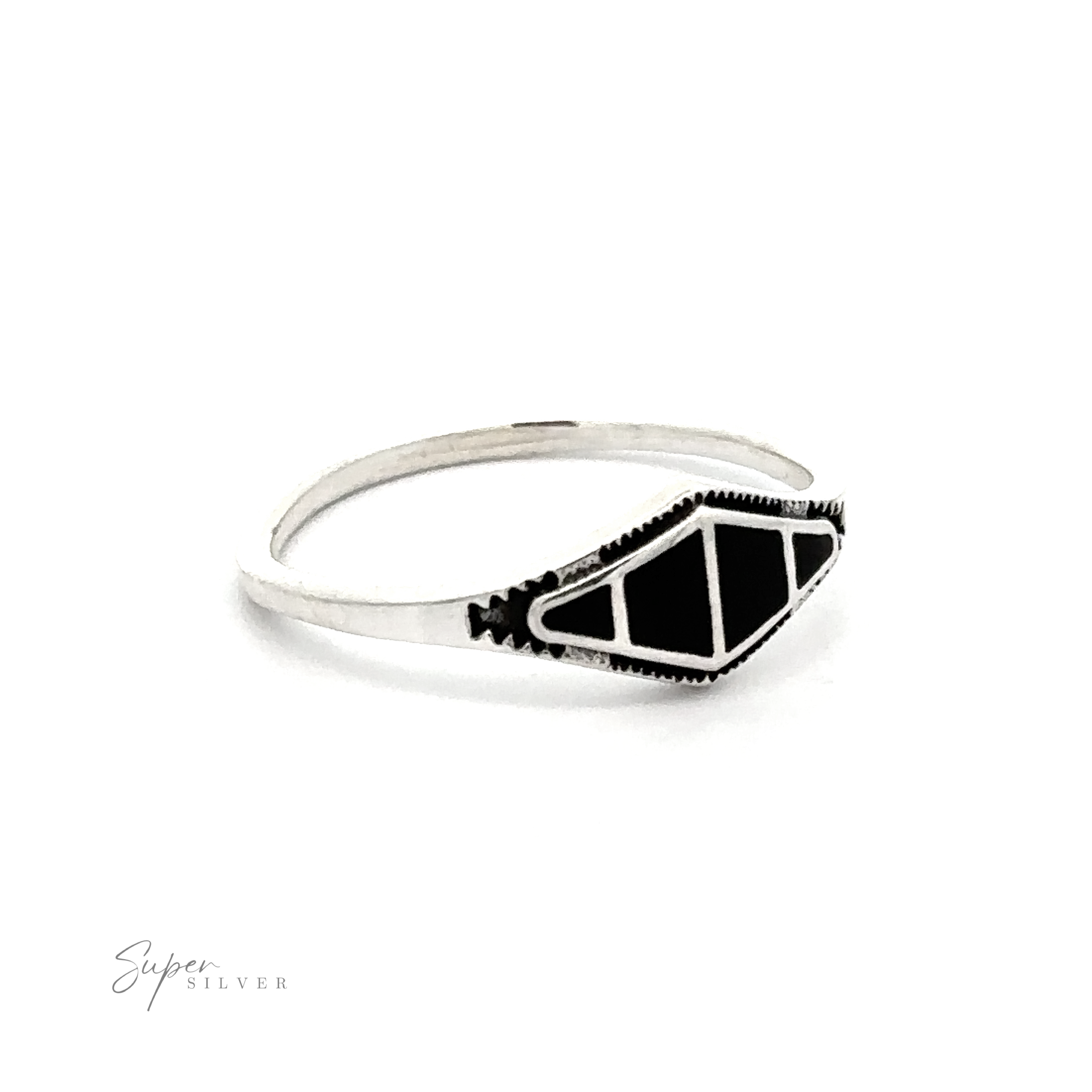 A contemporary Diamond Shape Sectioned Stone Ring with a black and white geometric design.