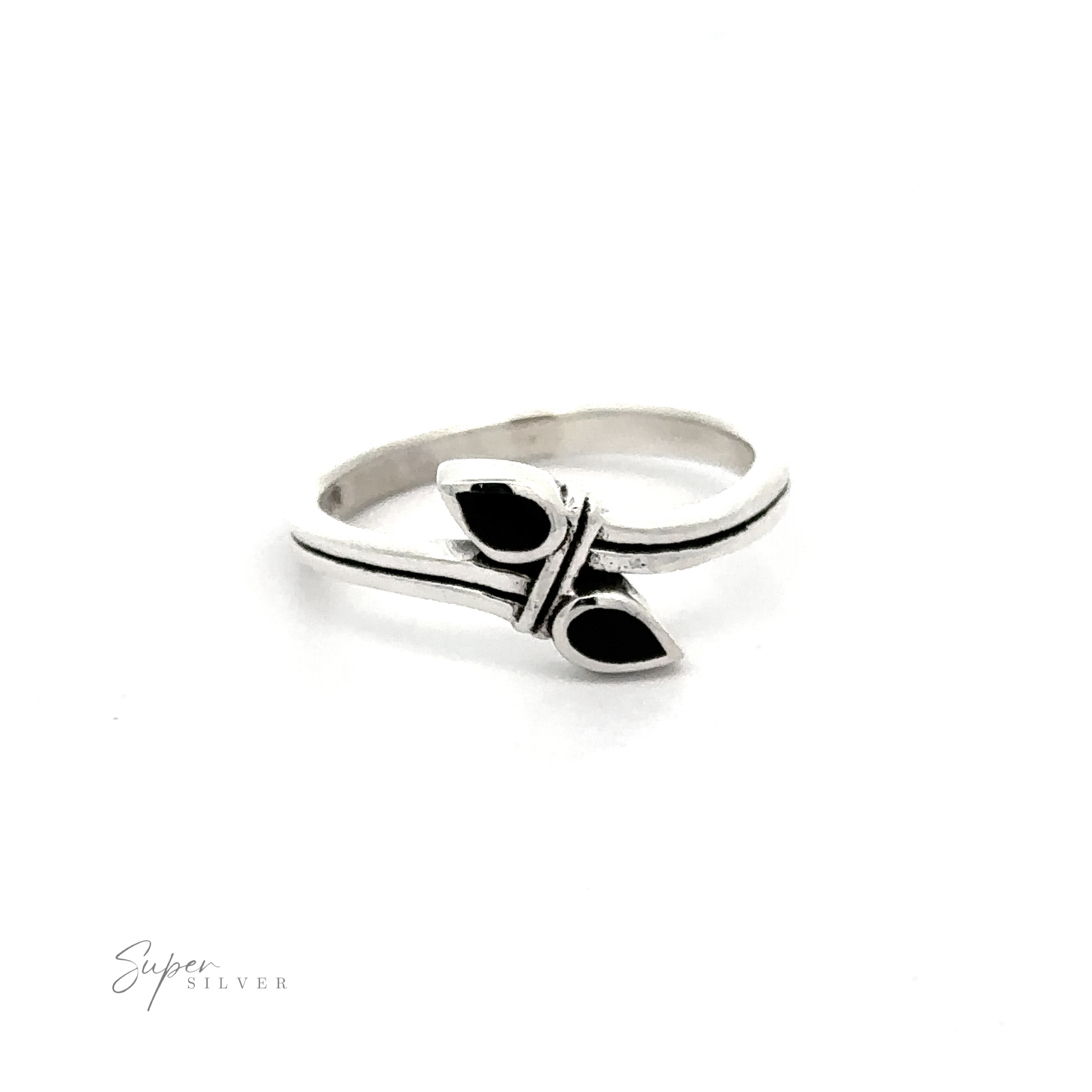 A sterling silver Inlay Teardrop Ring with black stones.