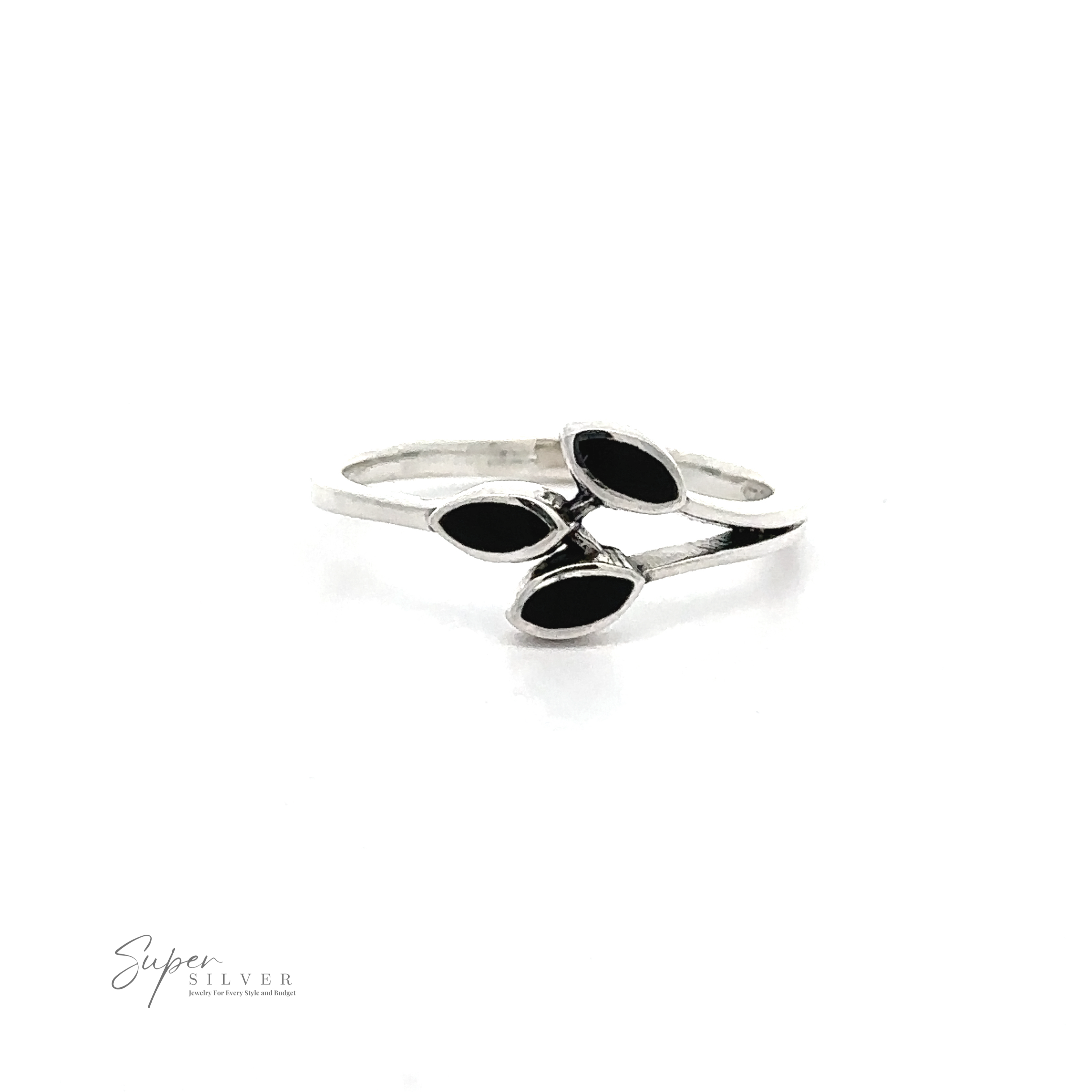 A sterling silver ring featuring three black, leaf-shaped gemstones arranged in a cluster, this minimalist Tiny Leaves Ring with Inlaid Stones is perfect for adding a touch of elegance to any outfit.