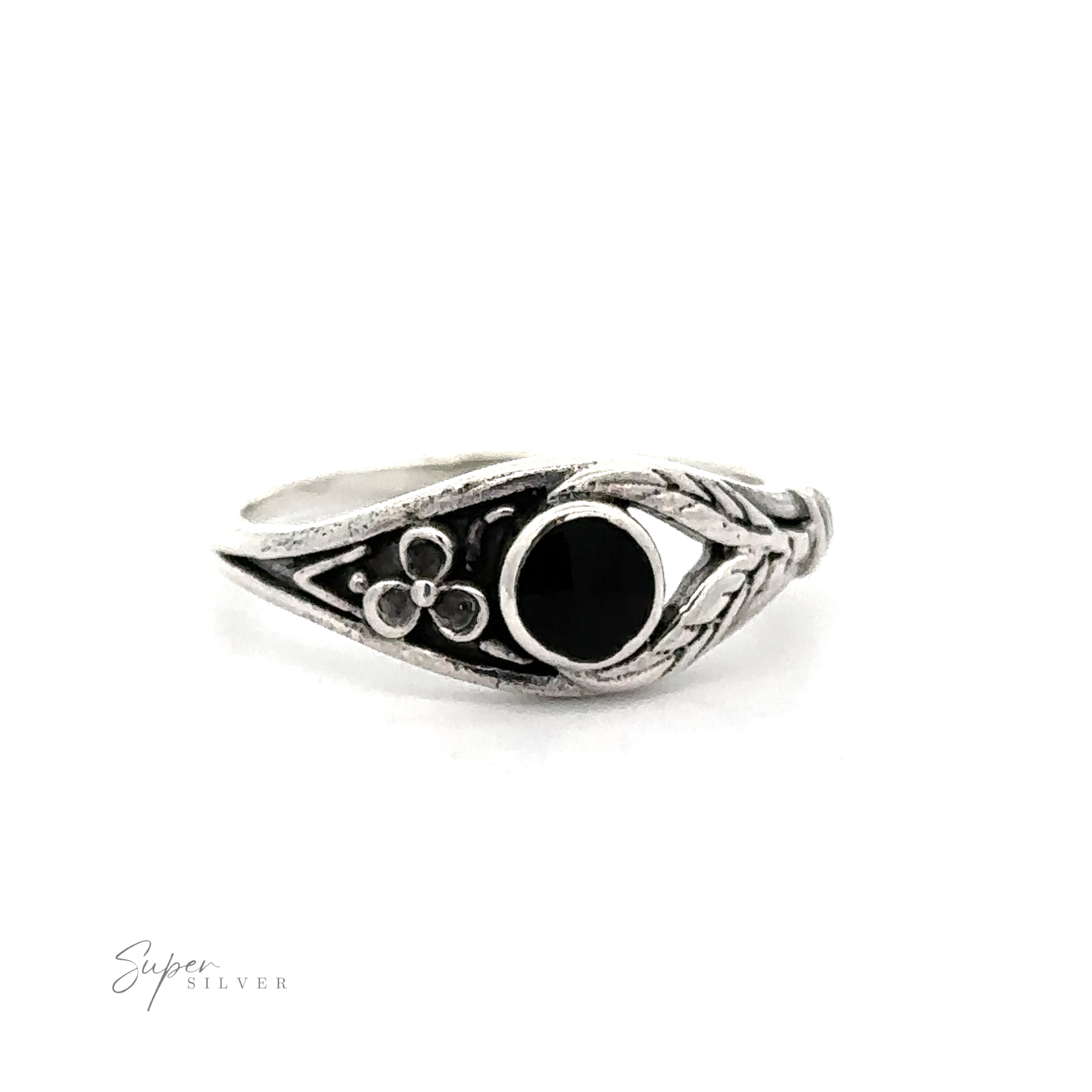 A Inlay Stone Ring with Flower and Leaf Design with a black onyx stone.