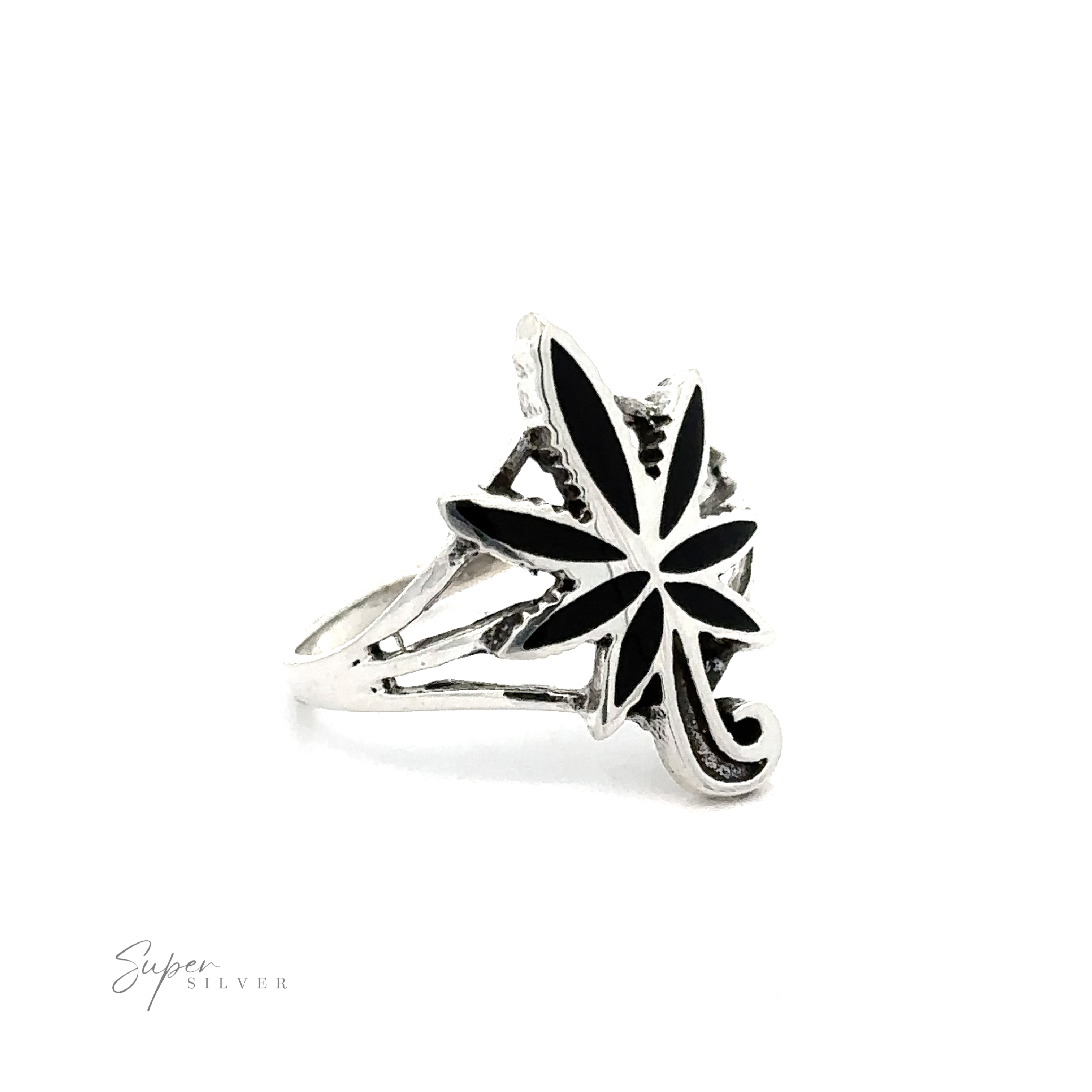 A Inlay Stone Marijuana Leaf Ring with a marijuana leaf on it.
