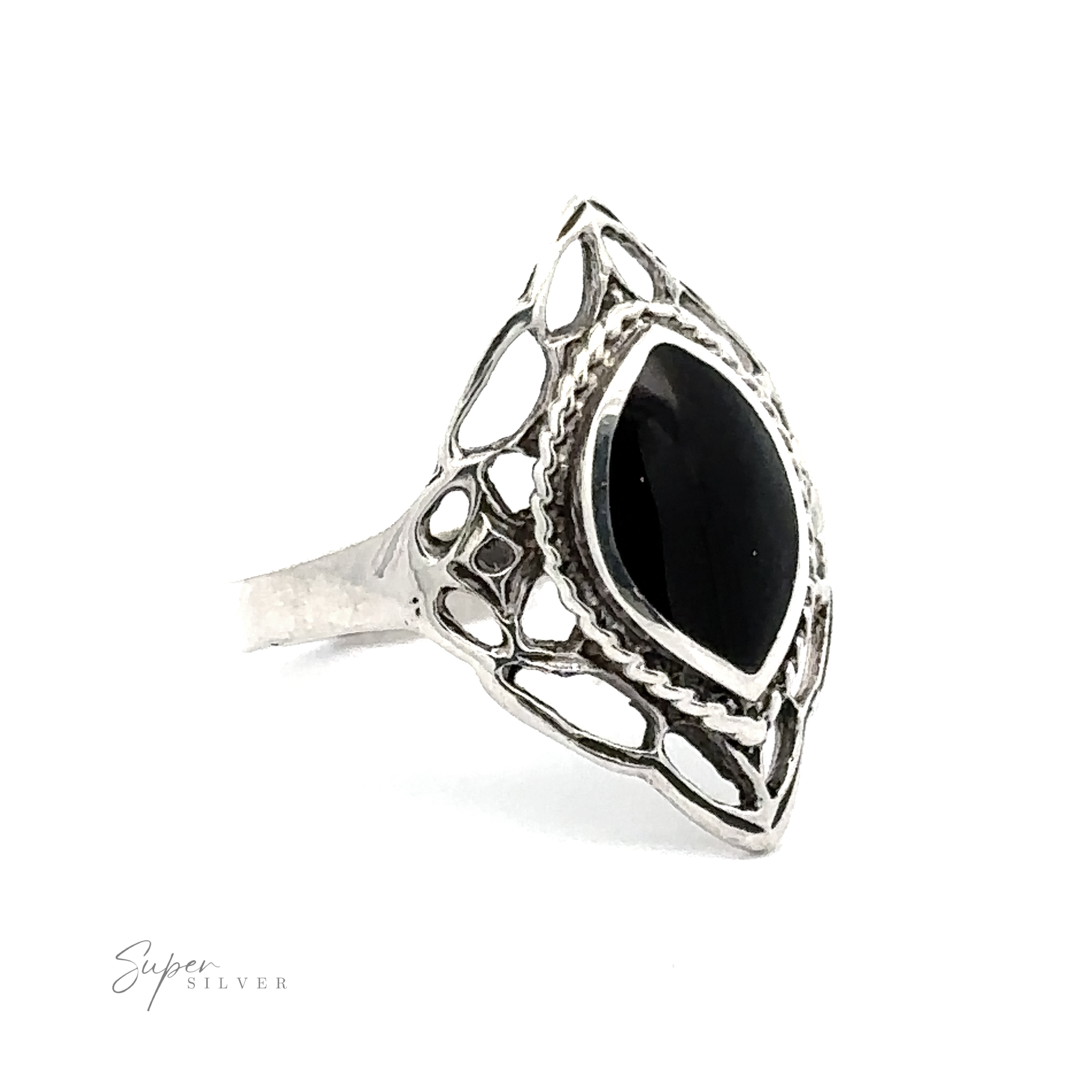 A Delicate Marquise Shield Ring with Inlaid Stones with a black onyx stone.
