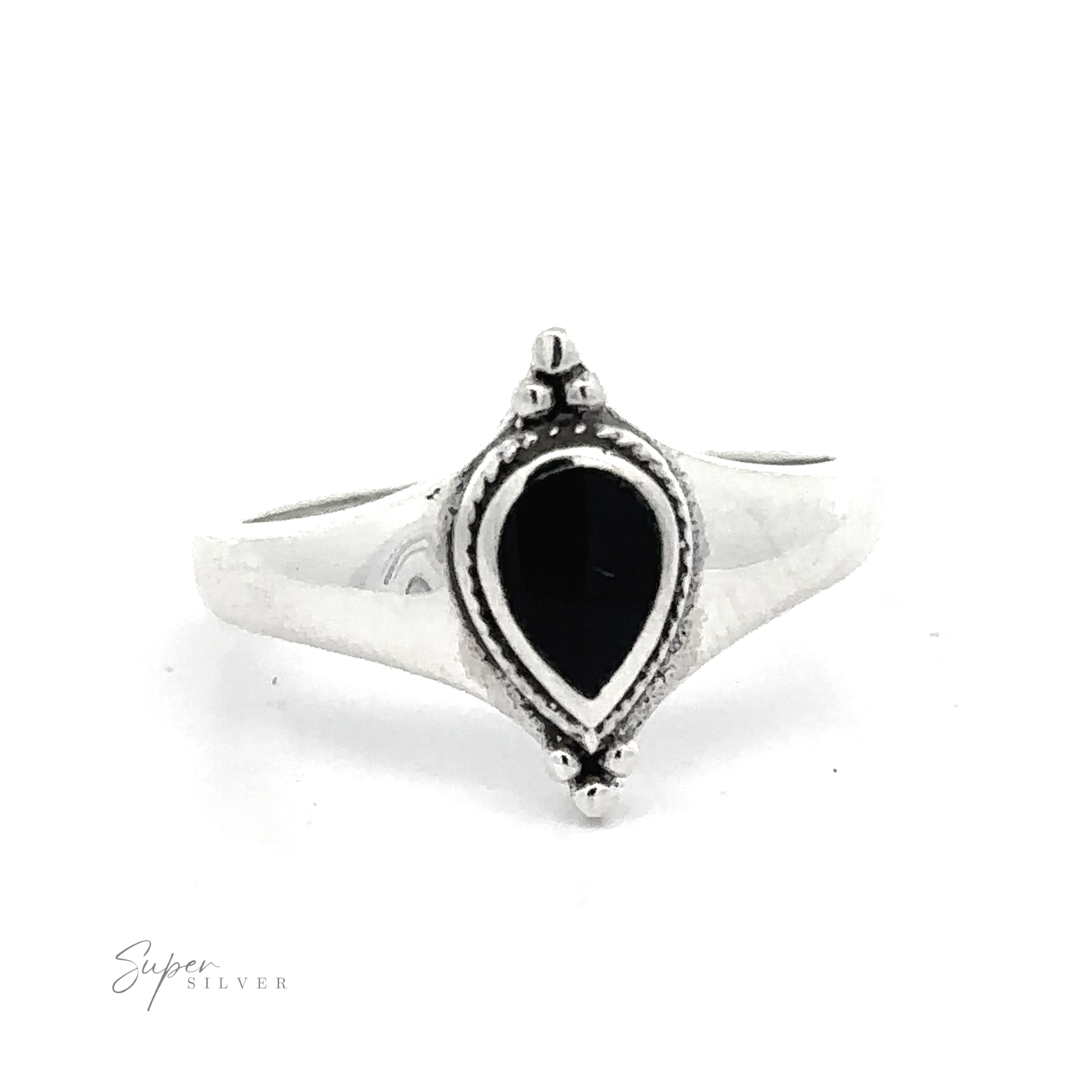 Teardrop Inlay Shield Ring with an oval black stone centerpiece and ornate detailing.