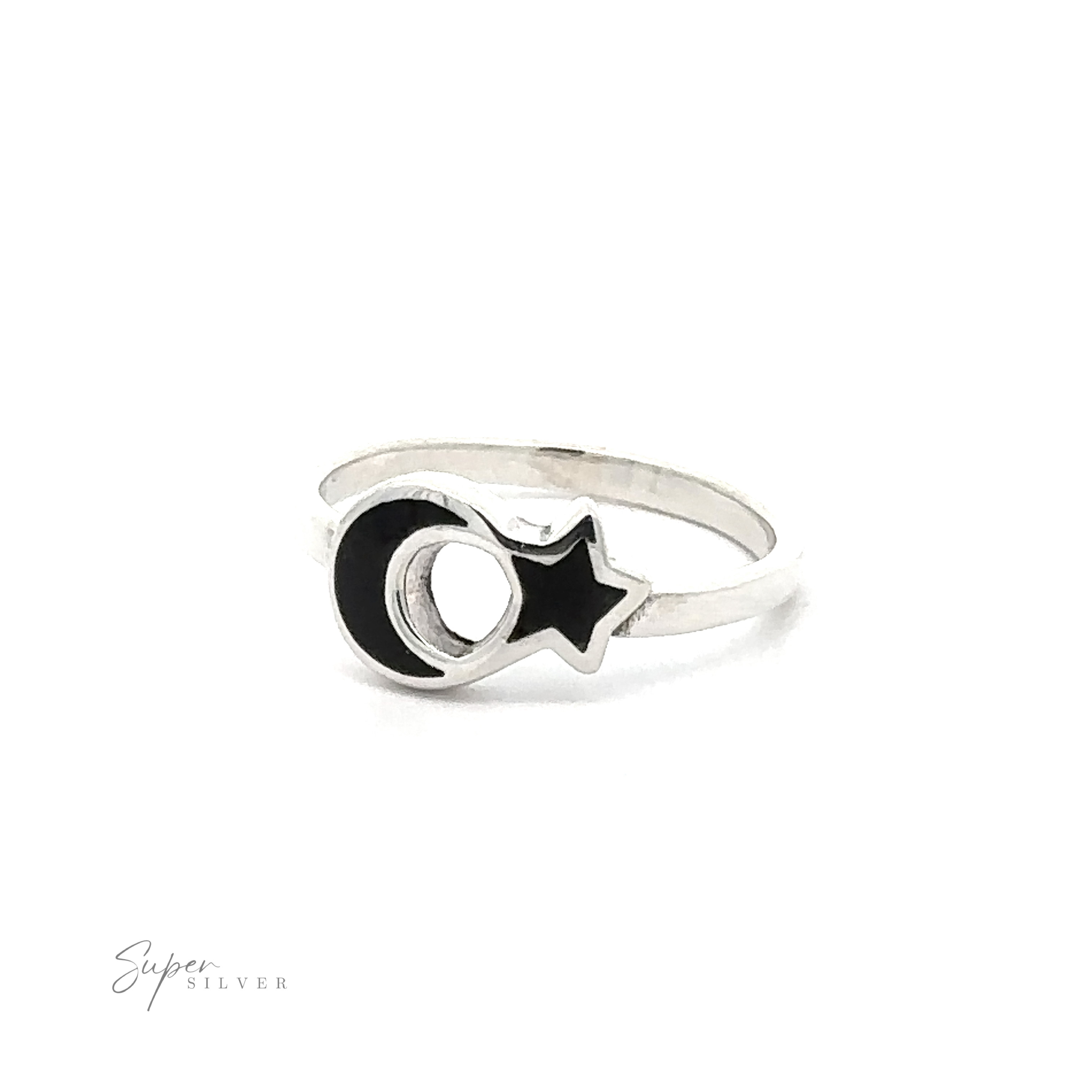 A Crescent Moon And Star Ring with Inlaid Stone featuring a crescent moon and star design, inlaid with stones.