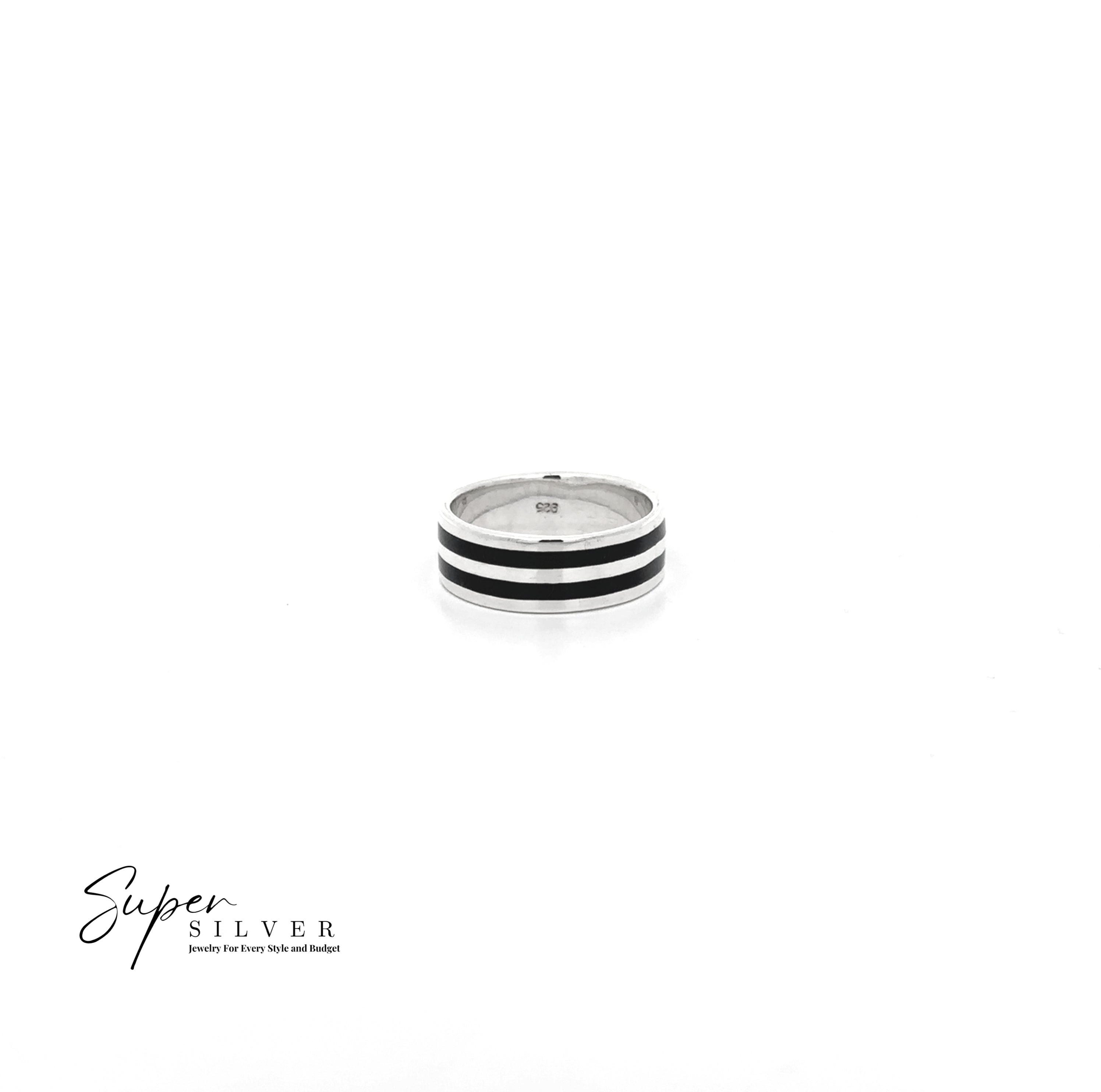 The Double Stripe Inlay Band, a sterling silver ring with two black stripes, is displayed on a white background with "Super Silver" branding in the lower left corner.