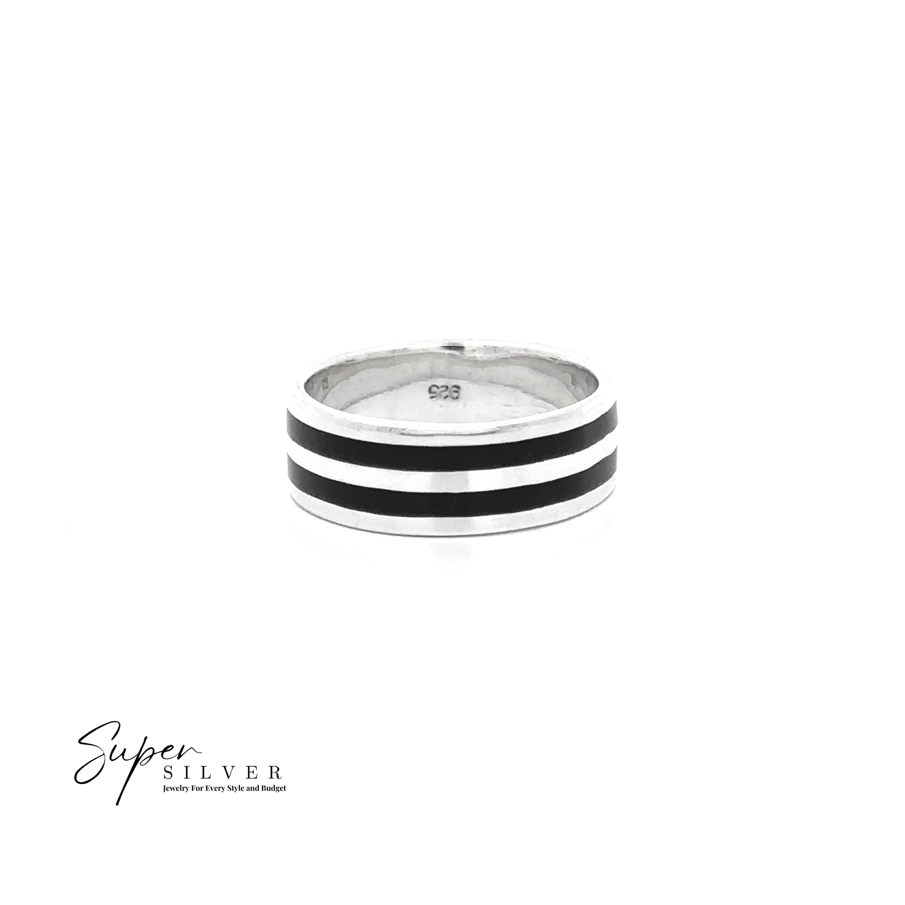The Double Stripe Inlay Band, a sterling silver ring with two black onyx horizontal stripes and a "925" stamp, is shown on a white background. The "Super Silver" logo appears in the bottom left corner.