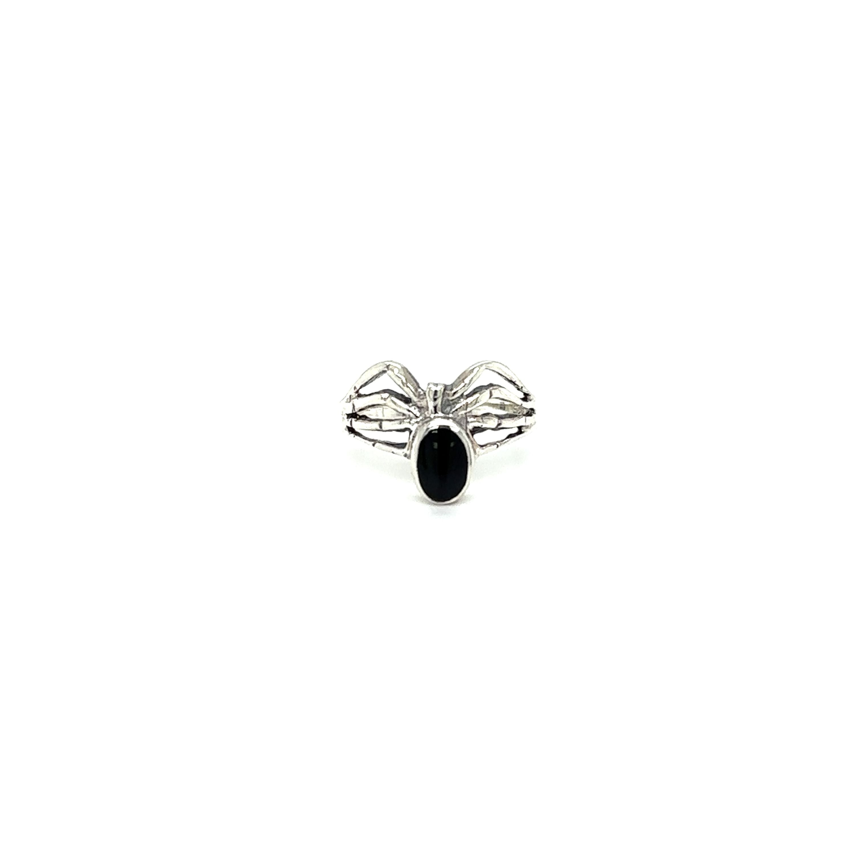 A Super Silver Inlay Stone Spider Ring with a black stone in the middle, lending it a mystical and enchantress-like allure.