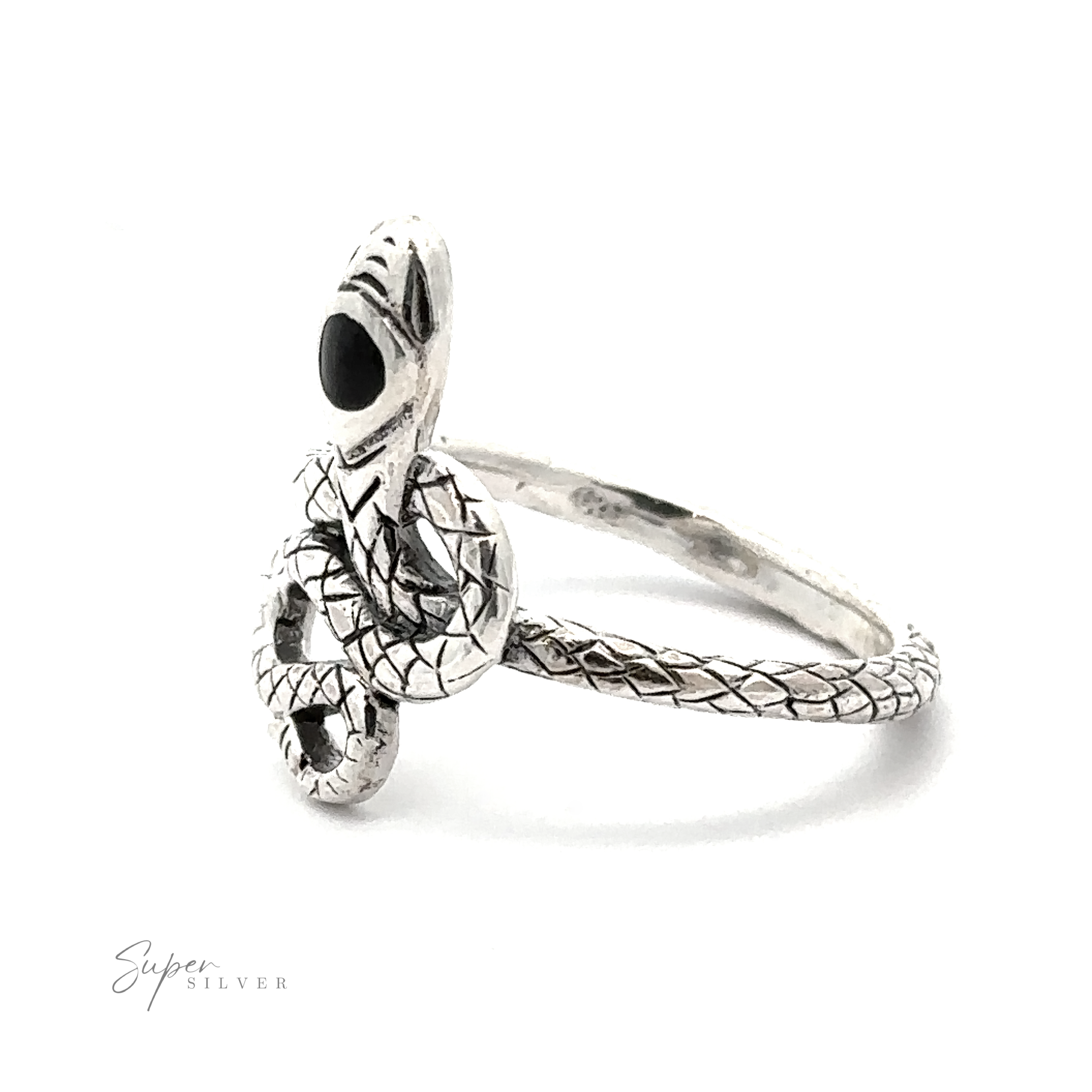 The Coiled Snake Ring with Inlaid Stone is a sterling silver ring designed with an intricate snake motif, featuring detailed scales and a black gemstone as the snake’s eye.