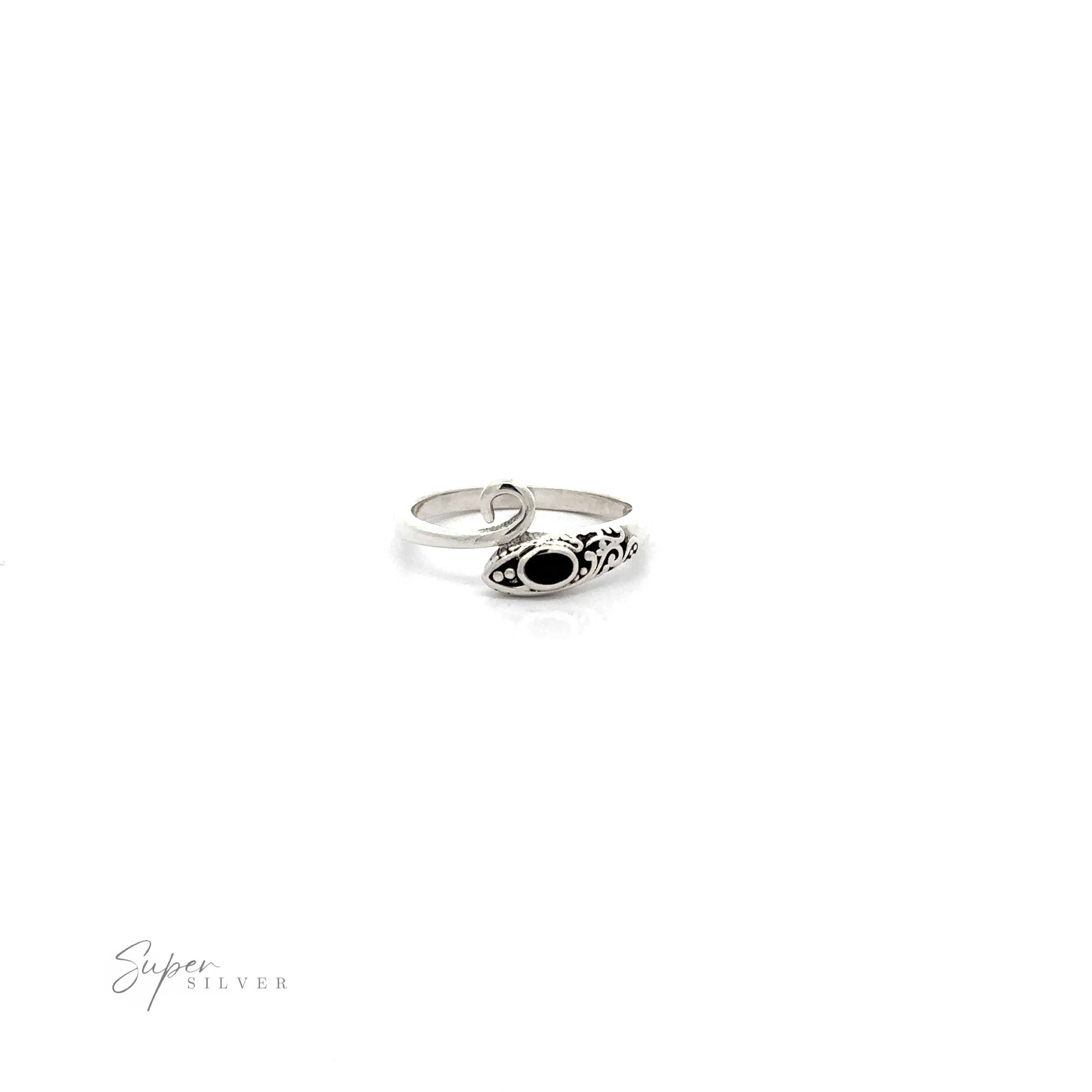 A close up of Inlay Stone Snake Ring With Filigree Design.