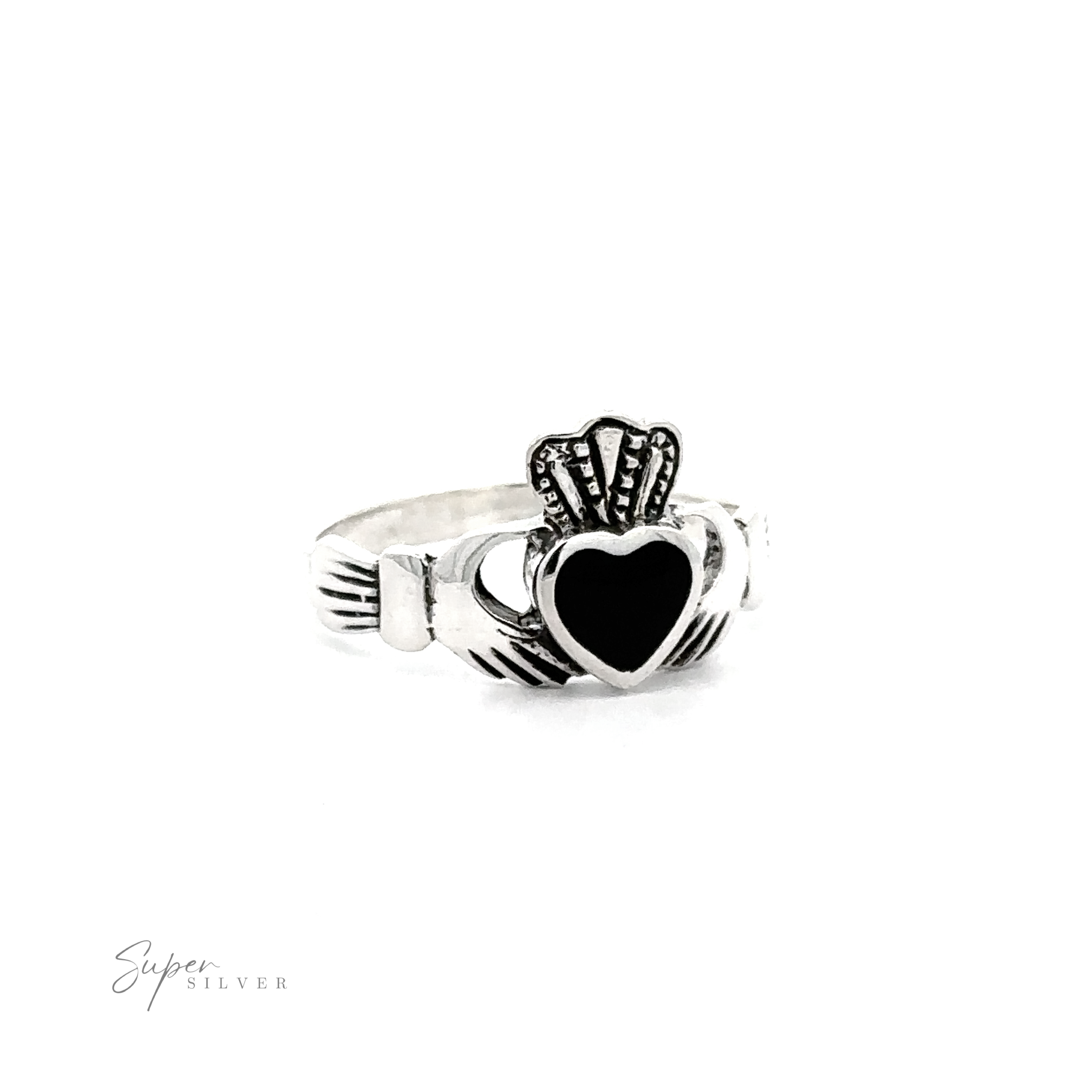 Claddagh Inlaid Stone ring featuring a heart and crown design, symbolizing Irish heritage, isolated on a white background with a subtle logo at the bottom.