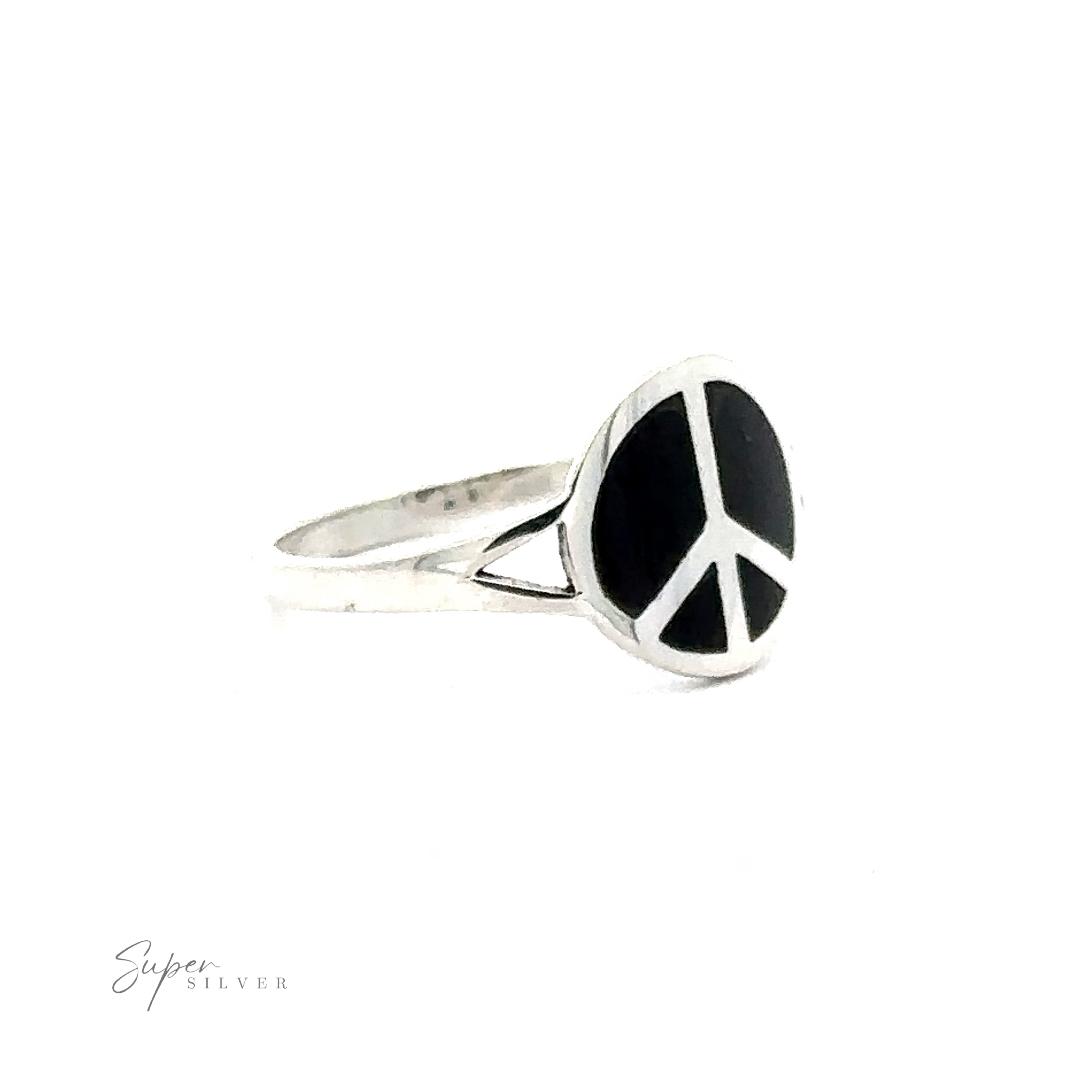 A silver ring featuring a black onyx oval face with a peace symbol design. The Stone Inlay Peace Sign Ring brand name "Super Silver" is visible in the bottom left corner.