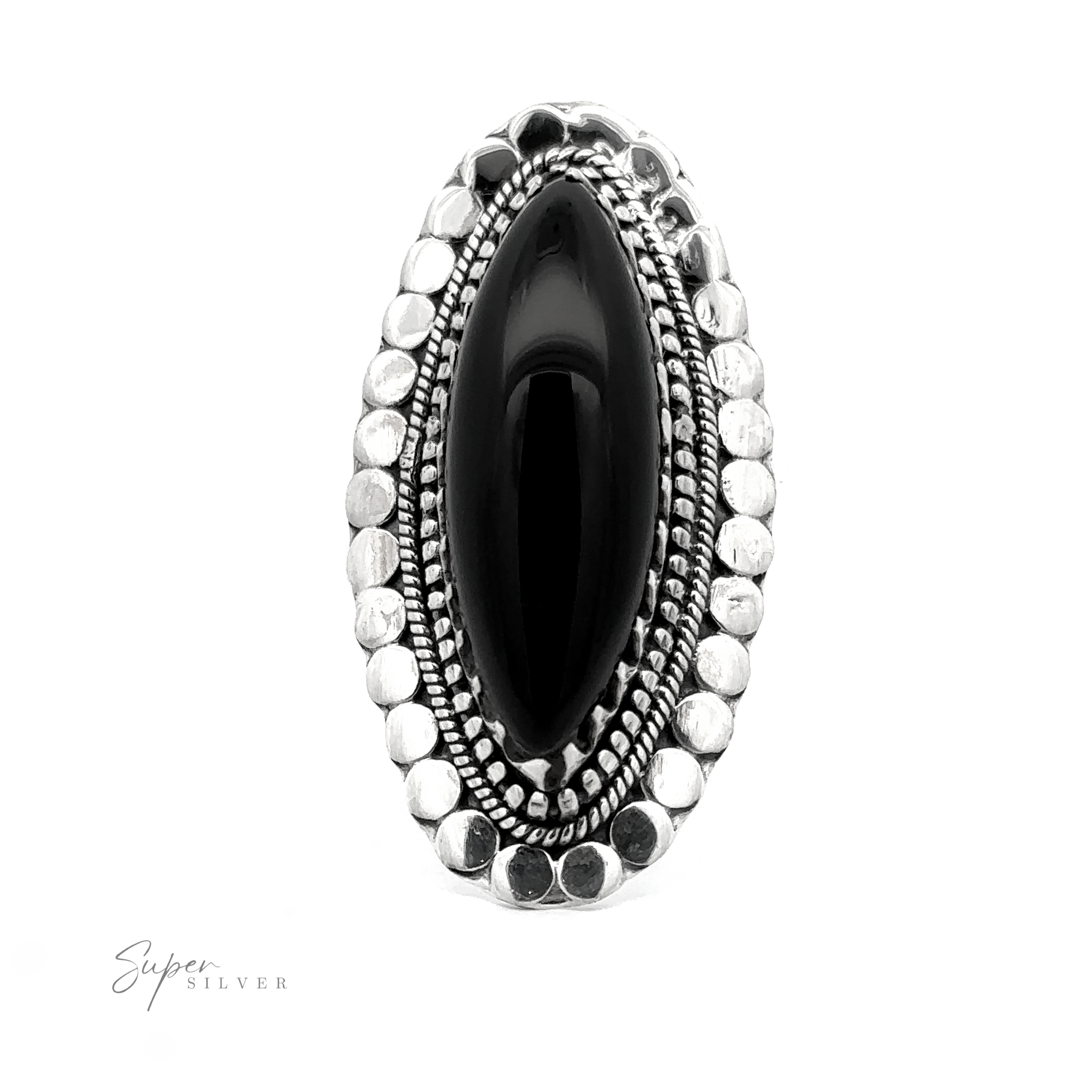 A Statement Marquise Shaped Gemstone Ring featuring a large, oval black gemstone, encircled by ornate, intricate silver detailing. The words "Super Silver" are visible at the bottom left corner, making this Bohemian jewelry piece truly stand out.