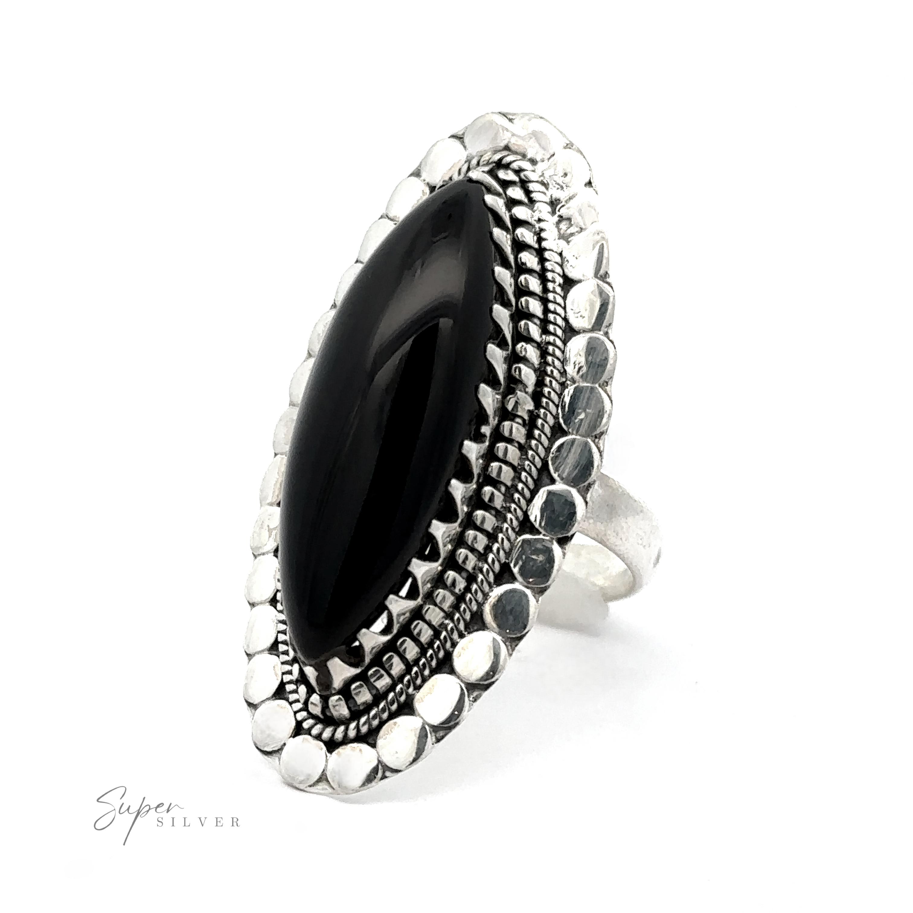 A silver ring with a large marquise-shaped gemstone set in the center, surrounded by a detailed, textured silver border design. The "Statement Marquise Shaped Gemstone Ring" logo is at the bottom left corner, embodying the essence of bohemian jewelry elegance.