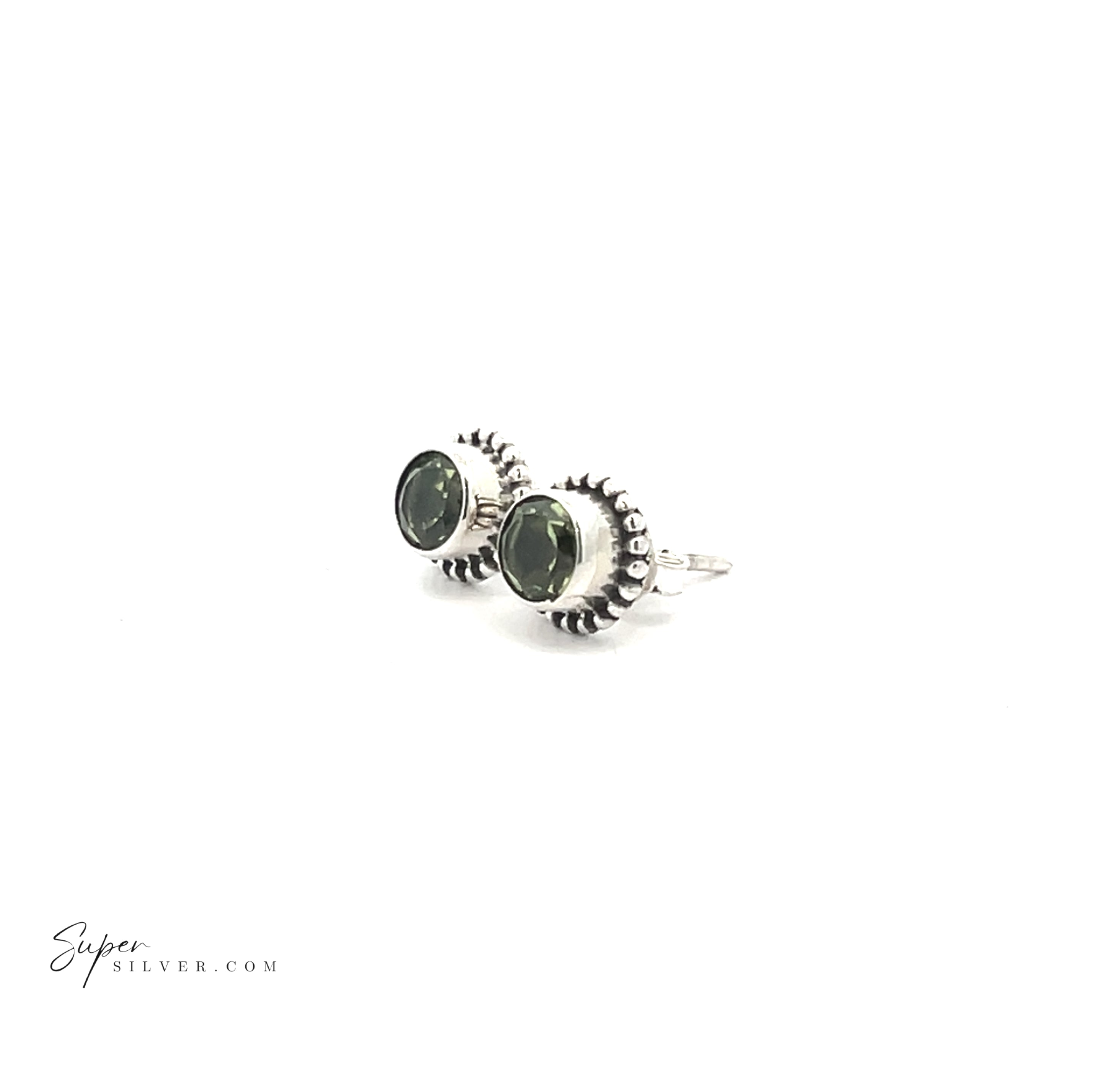 Beaded Round Faceted Gemstone Studs: Round sterling silver stud earrings with dark green gemstones and a decorative beaded edge, shown on a white background.