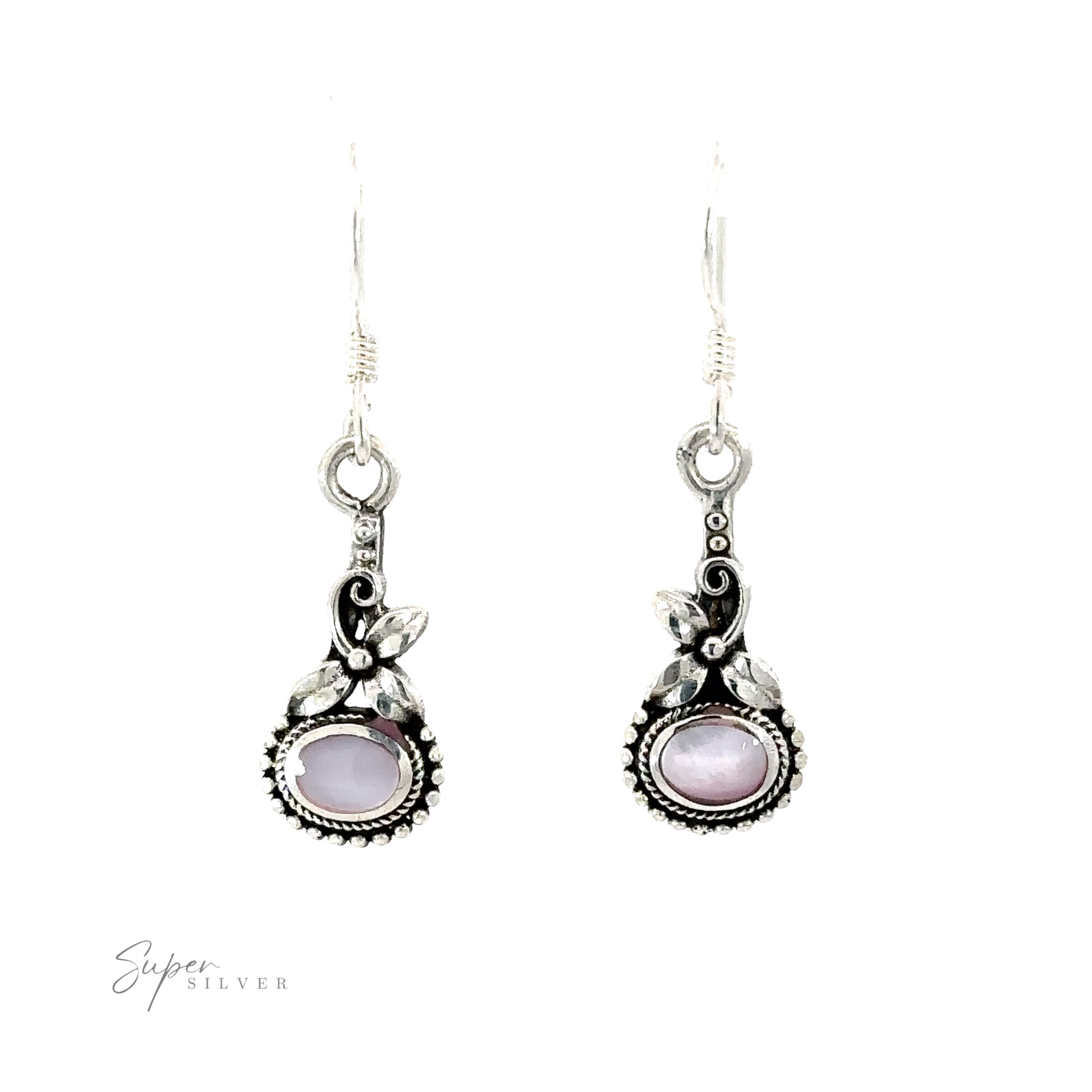 A pair of Inlaid Flower Earrings with Oval Stone, featuring purple gemstones set in ornate silver settings, adorned with leaf accents and intricate detailing exuding vintage charm. "Super Silver" text is in the bottom left corner.