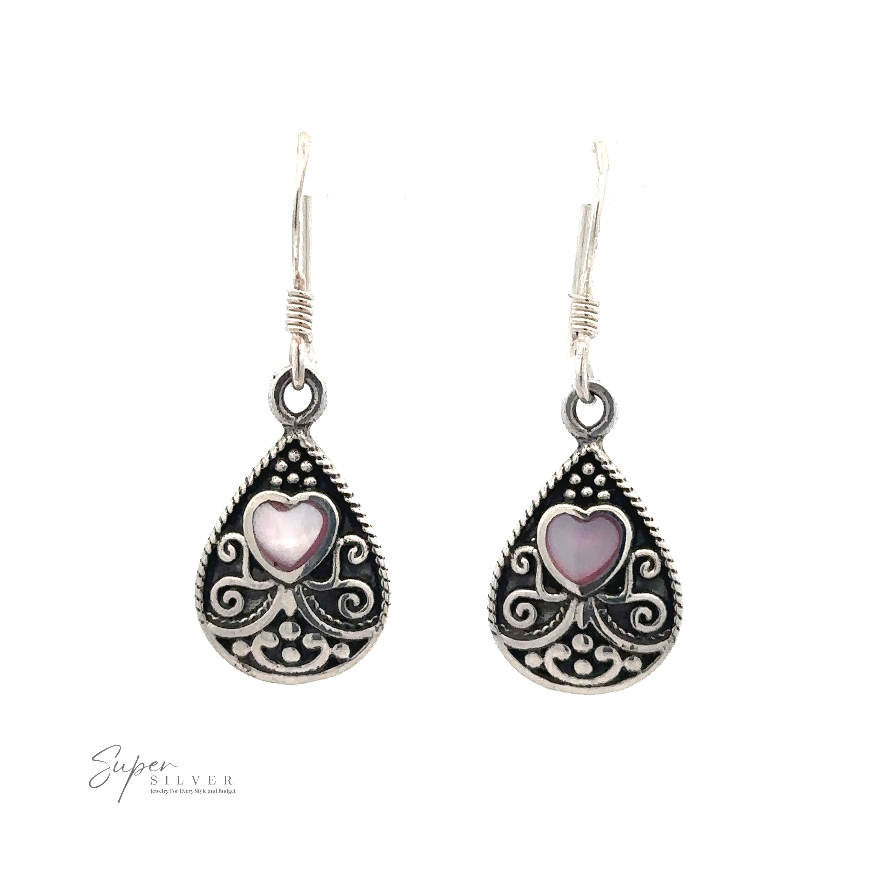 Bali Style Teardrop Earrings with Inlaid Stone with intricate sterling silver details and a purple heart design in the center, displayed on a white background.