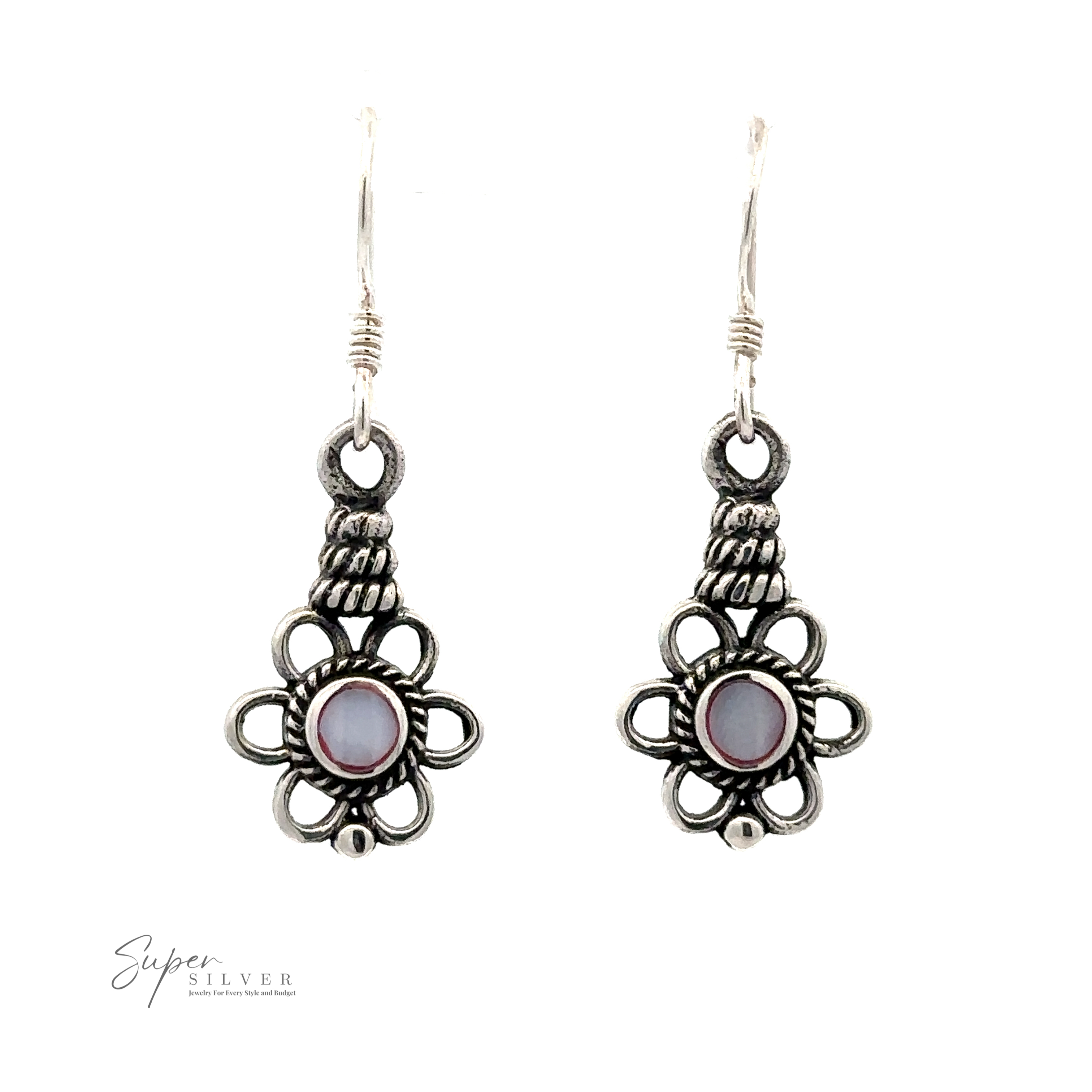 Flower Design Earrings With a Round Stone: Silver floral-shaped earrings with central pink stones hanging from hook wires. The text "Super Silver" is visible at the bottom left corner. These elegant pieces are part of our Flower Design Earrings With a Round Stone collection, which features six different stones for a versatile look.