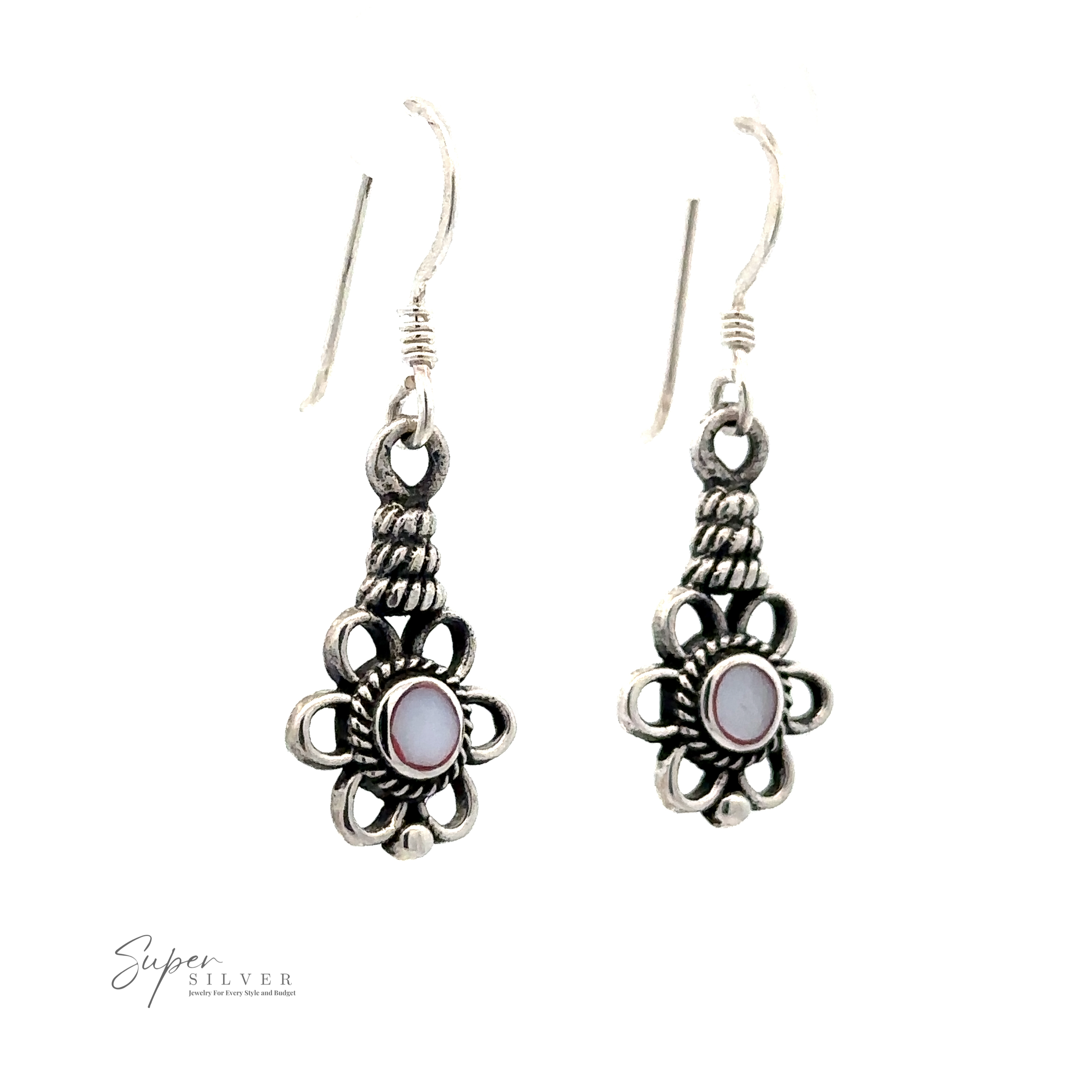 A pair of Flower Design Earrings With a Round Stone, displayed on a white background. The logo "Super Silver" is visible in the bottom left corner of the image.