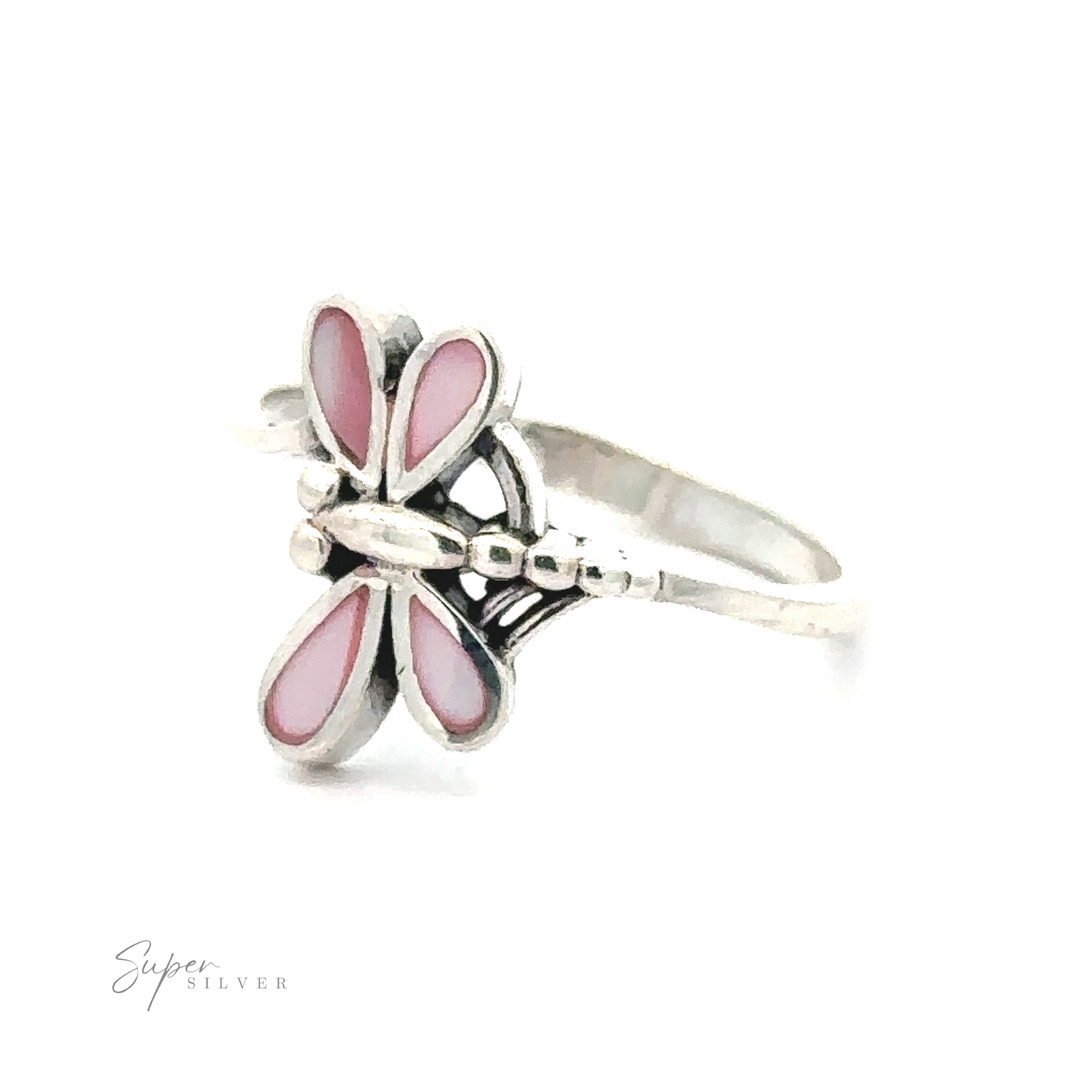 Inlaid Stone Dragonfly ring with a pink flower design against a white background.