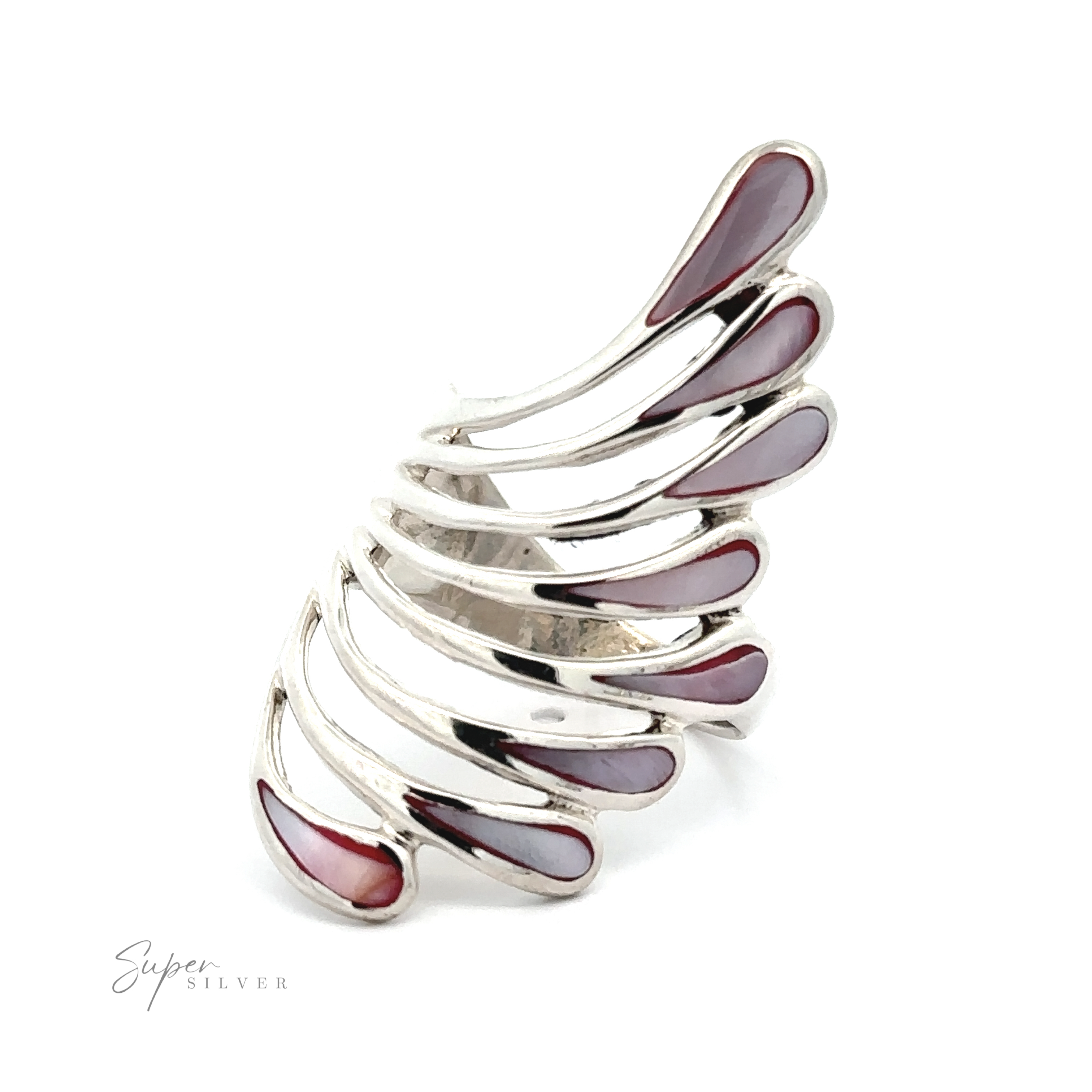 A captivating Beautiful Inlay Stone Wing Fan ring with pink and purple stones that shimmer and shine.