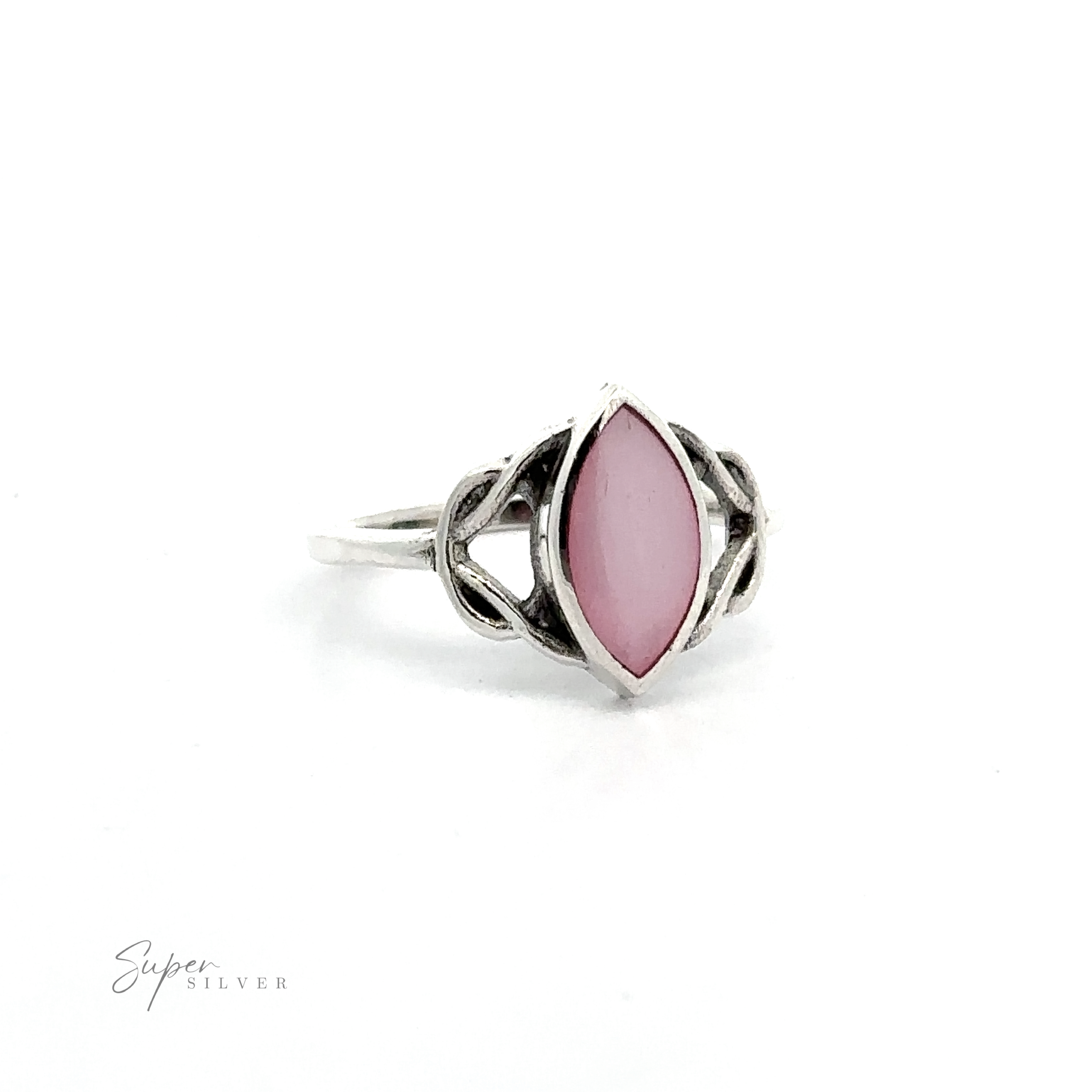 This Celtic Knot Marquise Inlaid Stone Ring features a beautiful pink stone, adding a touch of elegance to your collection.
