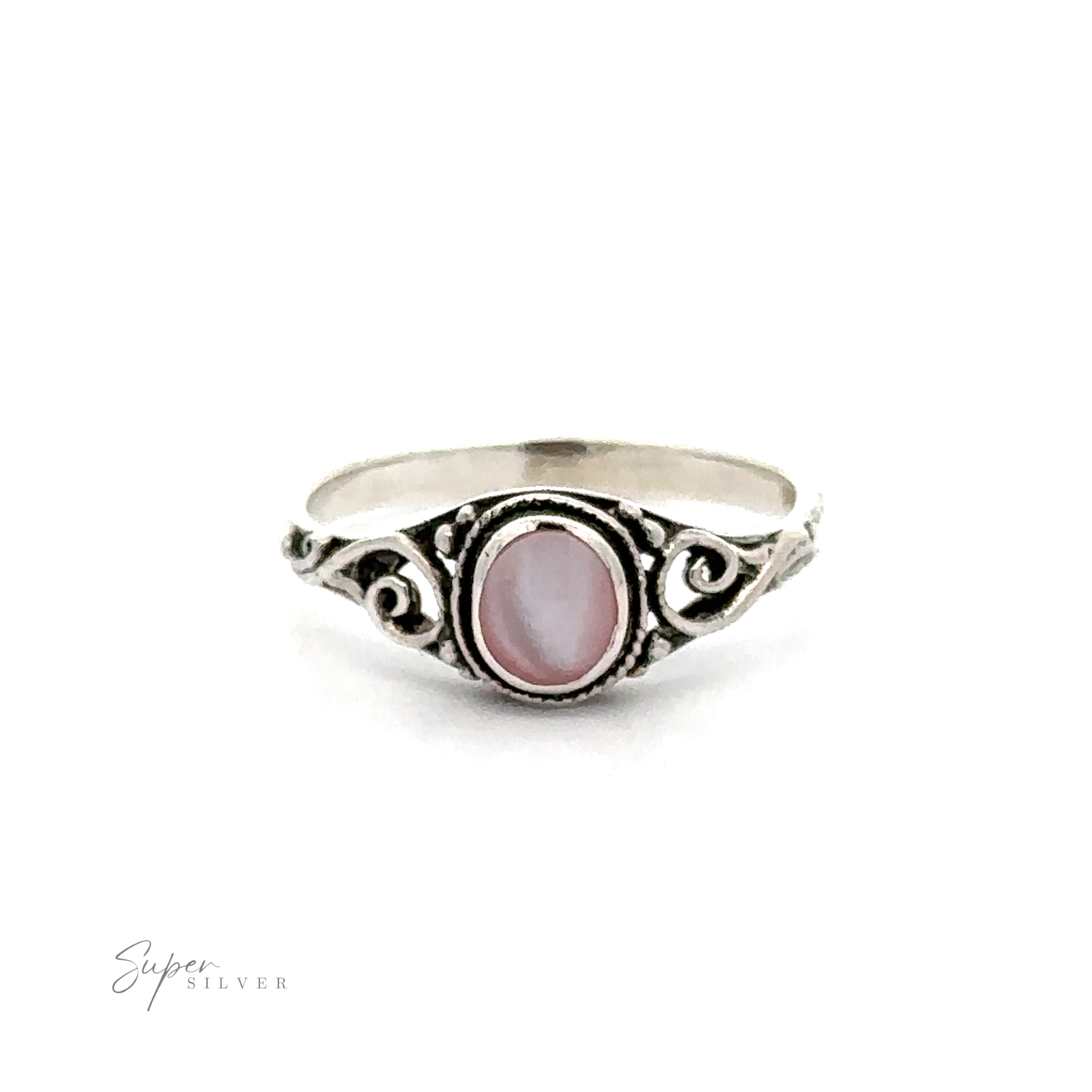 A sterling silver Oval Inlay Stone Ring with Swirls.