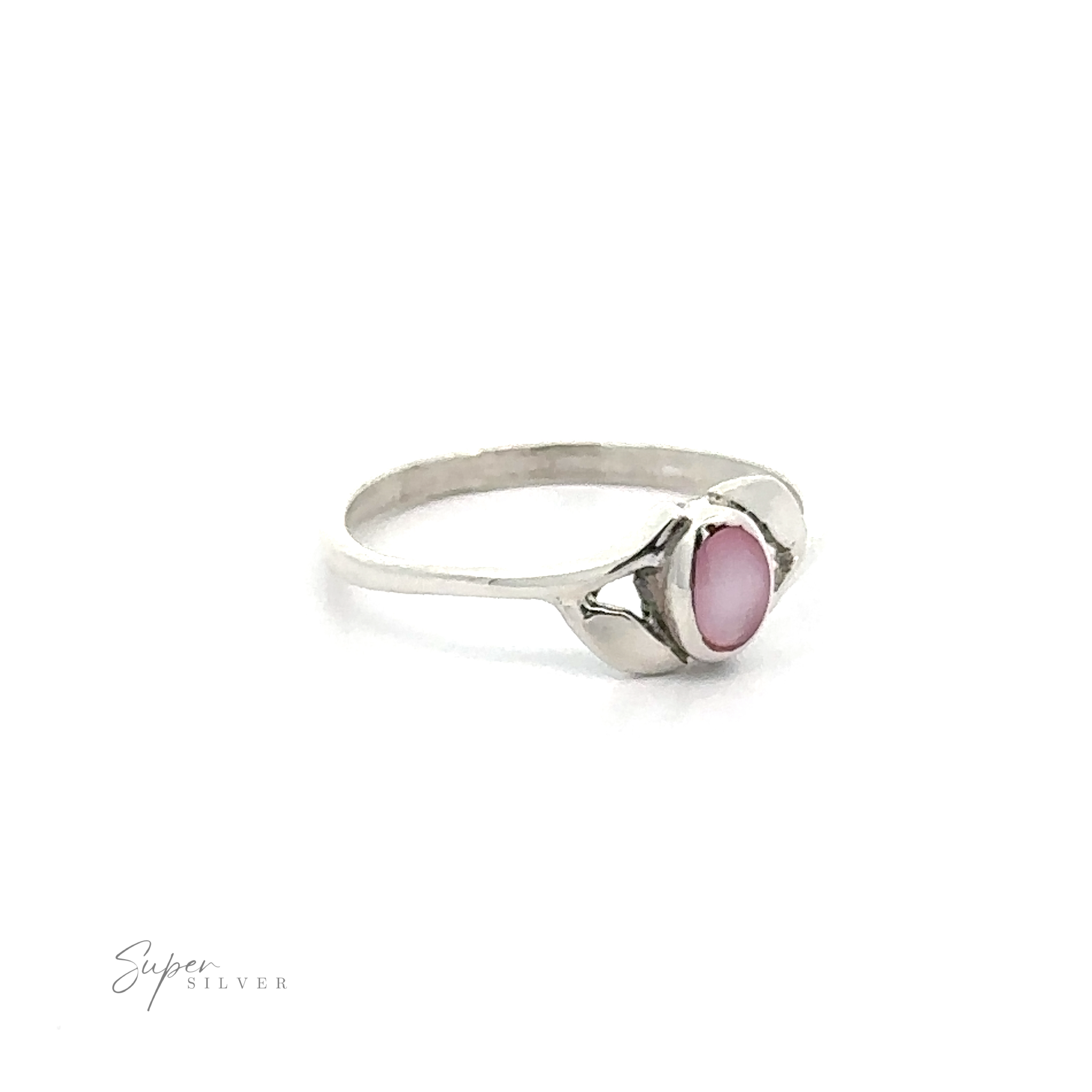 Dainty Oval Stone Ring with Leaf Accents with a minimalist mother of pearl stone on a white background.
