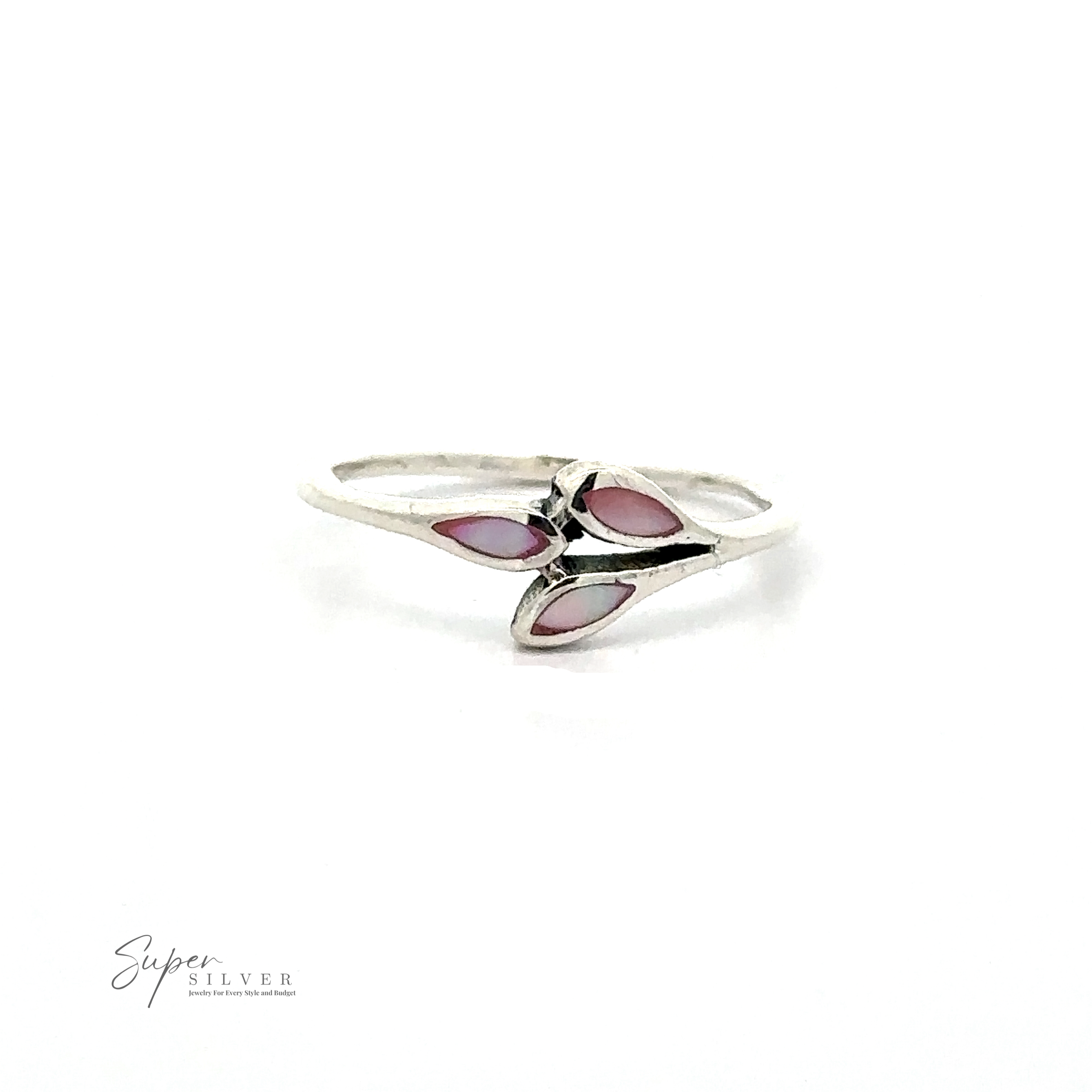 A Tiny Leaves Ring with Inlaid Stones with a simple open band design featuring decorative elements resembling two butterfly wings in pink and green hues, complemented by a tiny leaf design. Text in image: "Super Silver.