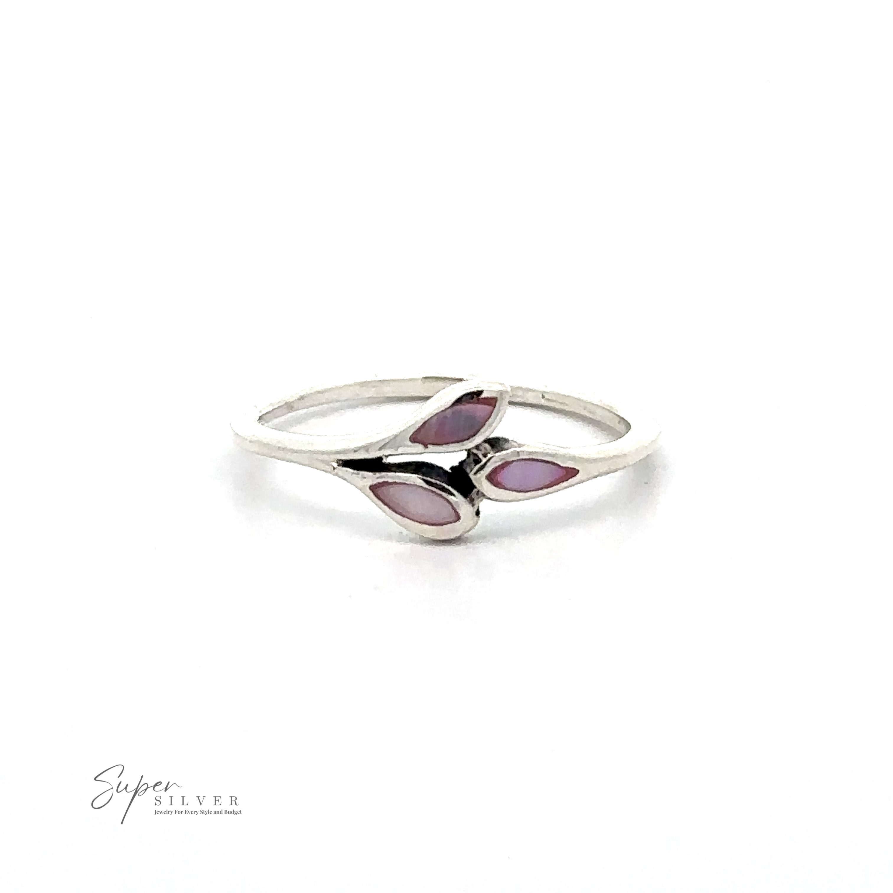 A Tiny Leaves Ring with Inlaid Stones with a design featuring three marquise-shaped purple stones arranged in a Tiny Leaf Design pattern. The "Super Silver" logo is visible in the bottom left corner.