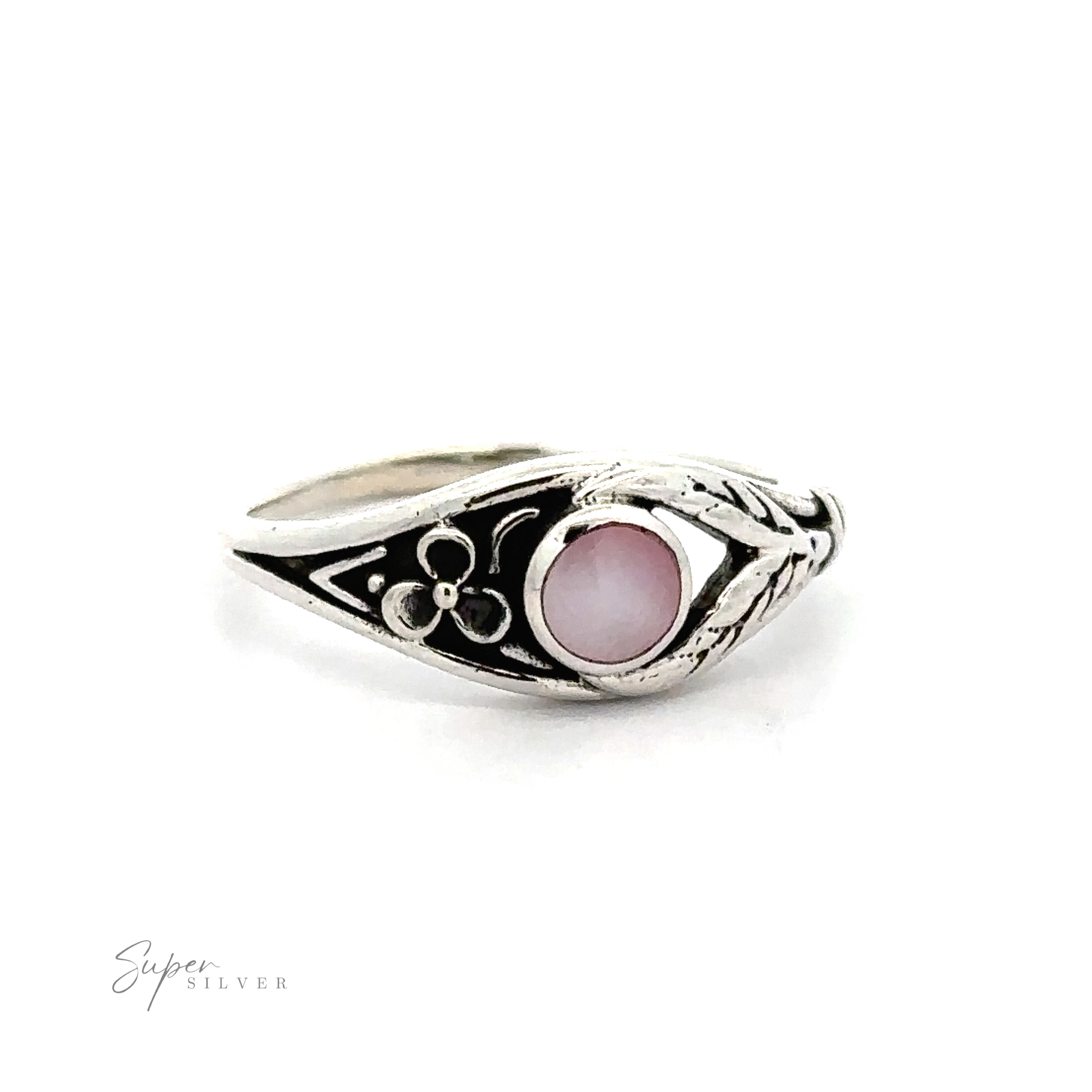 A sterling silver Inlay Stone Ring with Flower and Leaf Design.