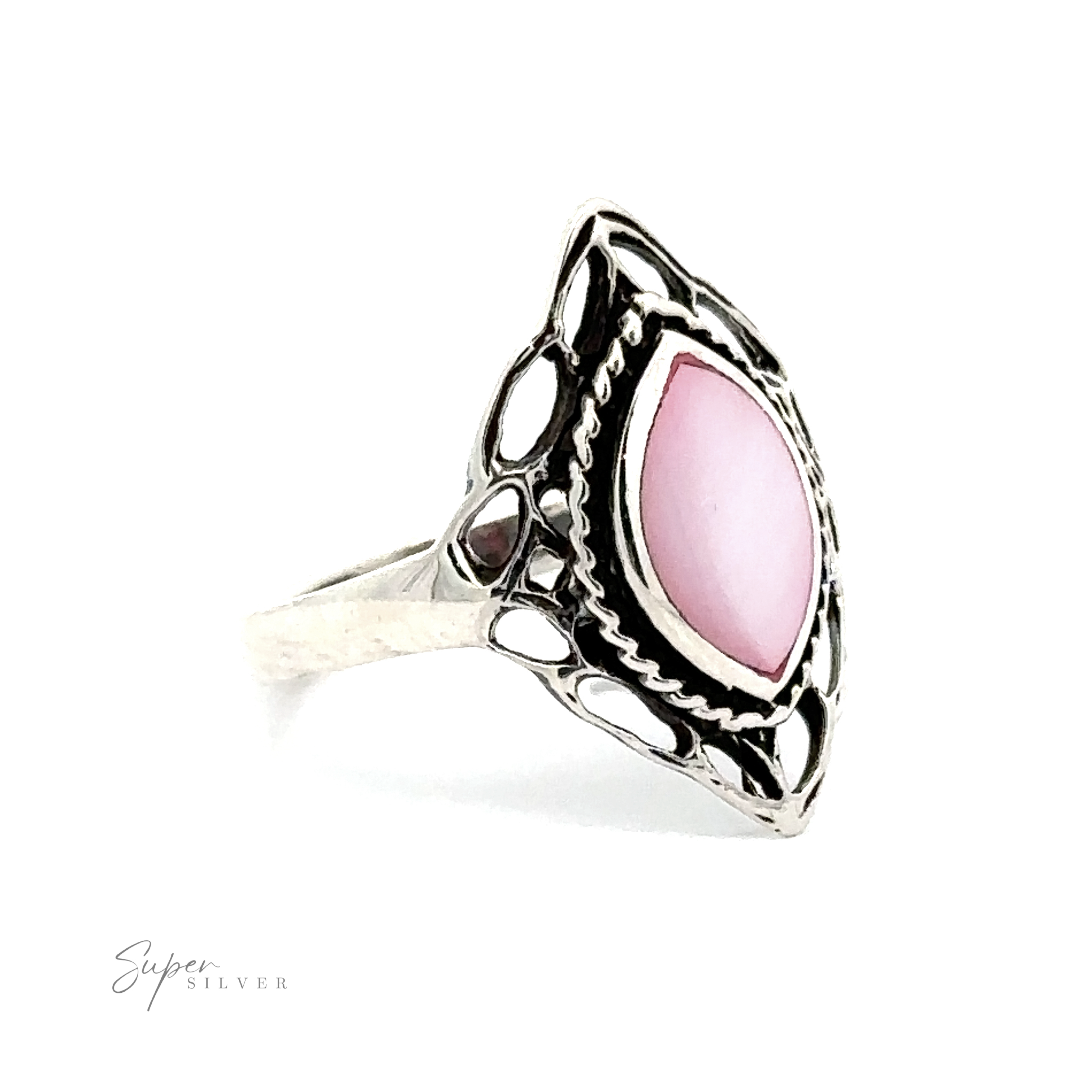 A Delicate Marquise Shield Ring with Inlaid Stones with a pink stone.