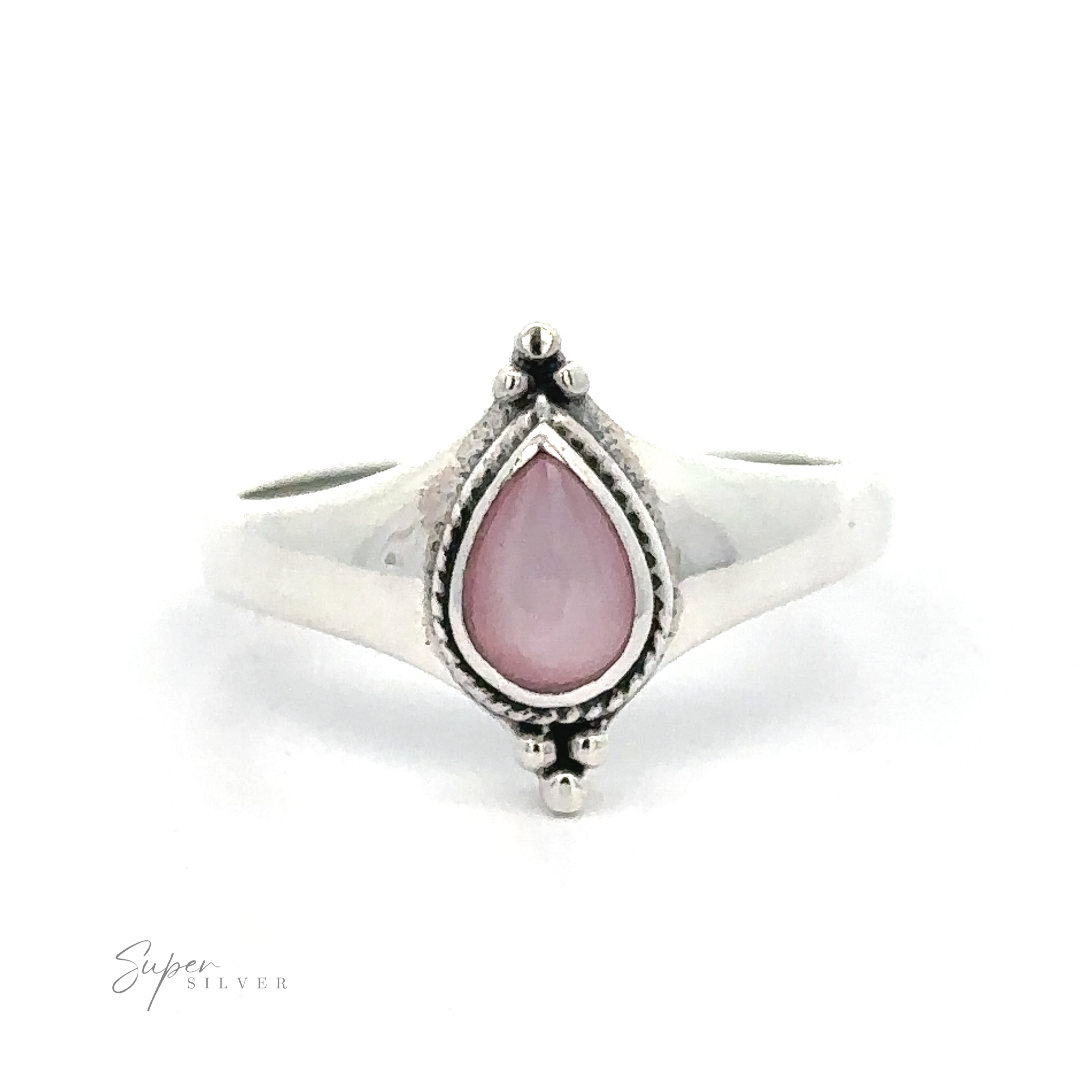 Sterling silver Teardrop Inlay Shield Ring with a pink gemstone set in a detailed mount.
