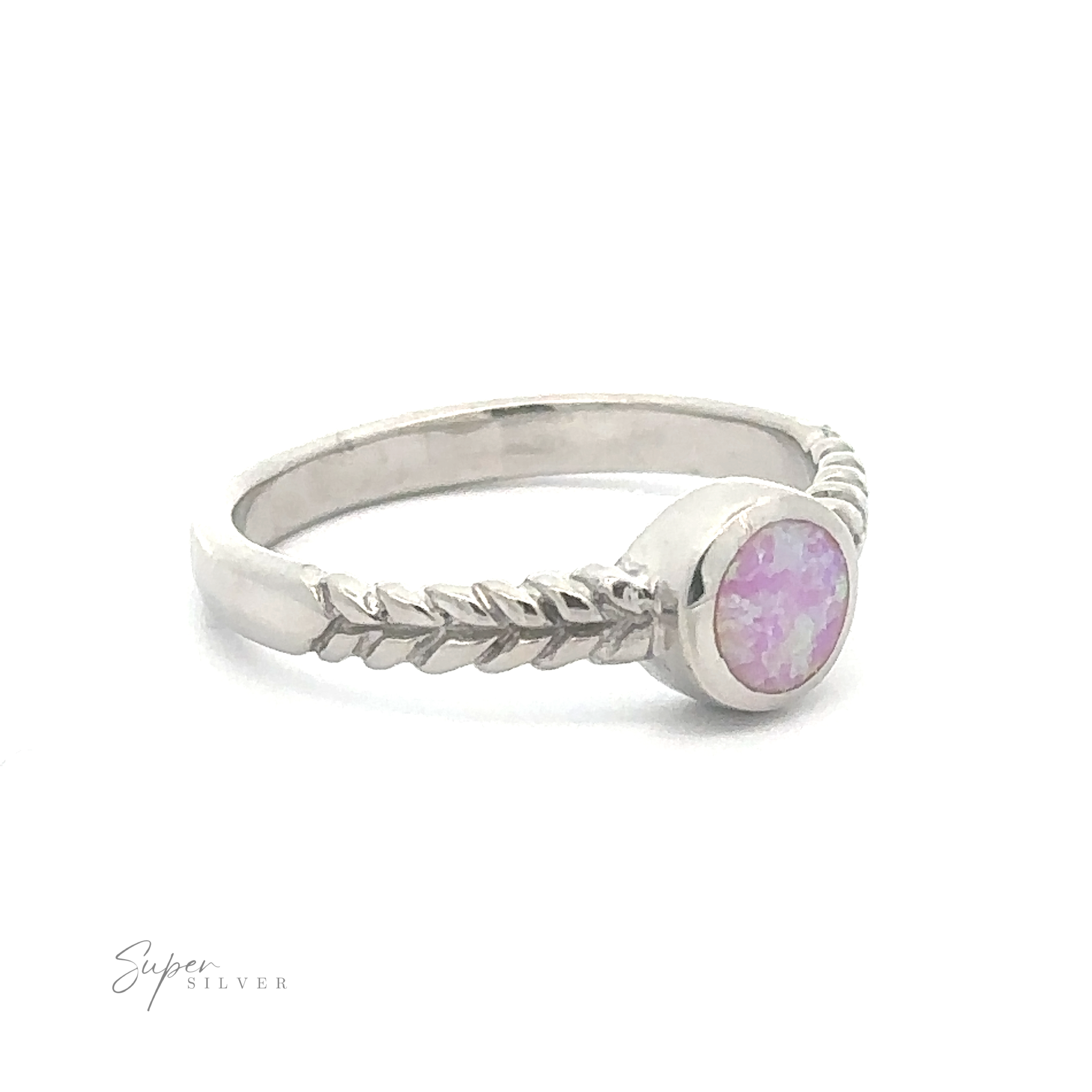 A silver ring with a Half Braided Band with Round Opal set on top.