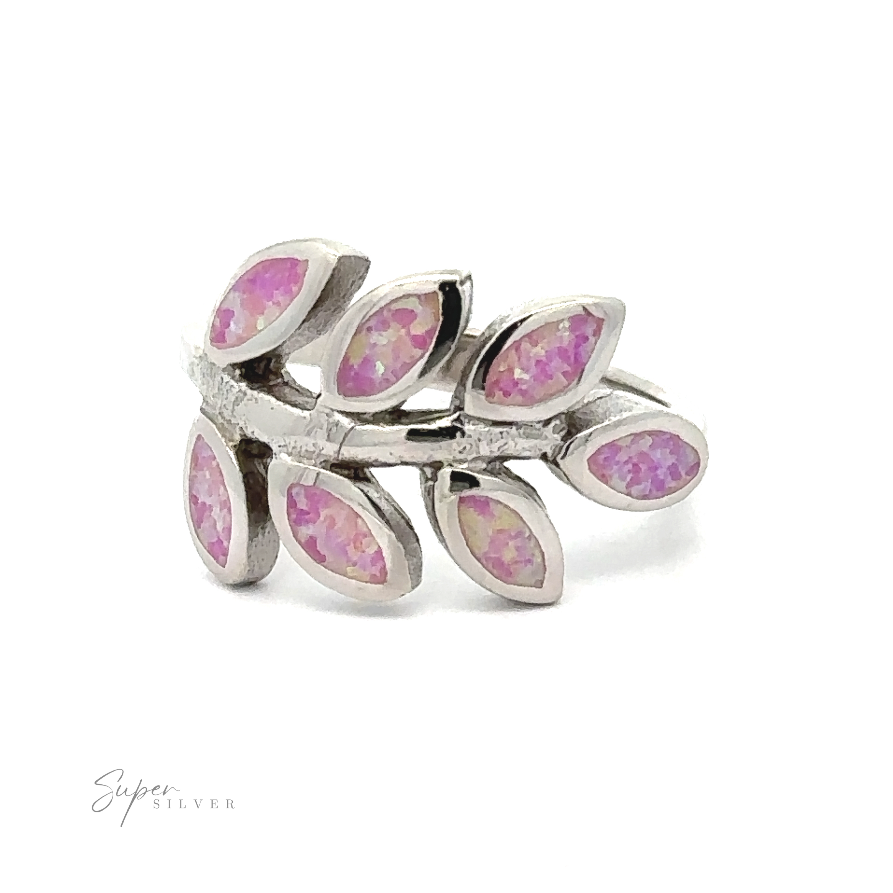 Lab-Created Opal Fern Ring with lab-created pink opal inlays arranged in a fern leaf pattern.