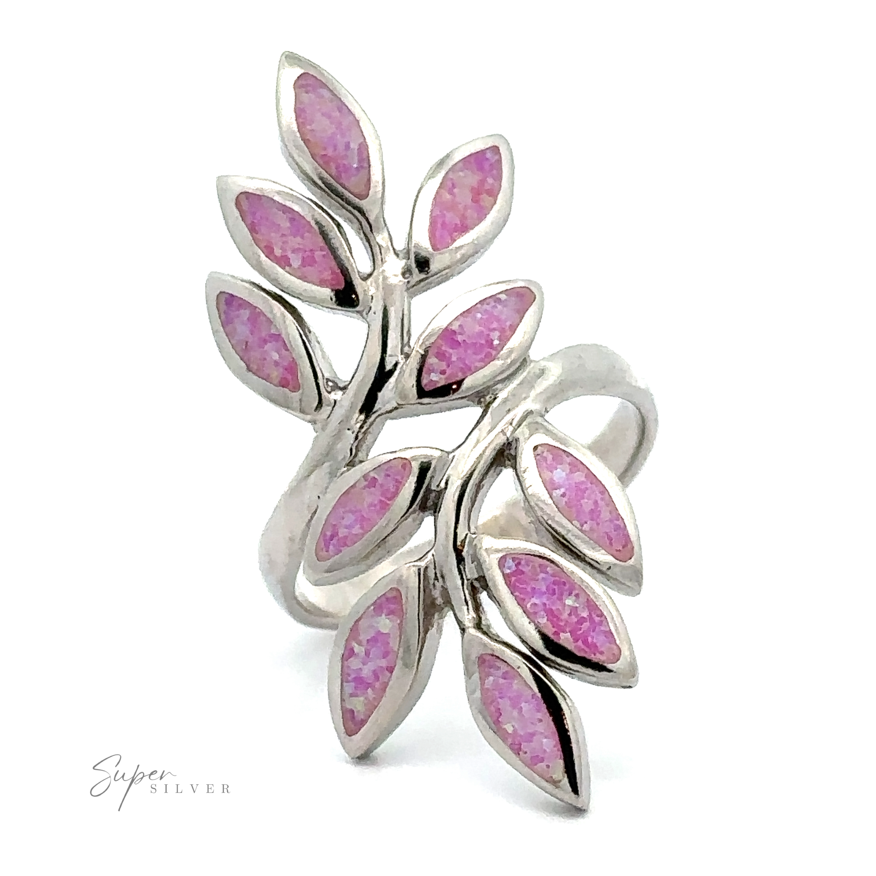 Long Lab-Created Opal Leaves Ring with leaf-like designs and lab-created opal inlays, capturing nature's allure.